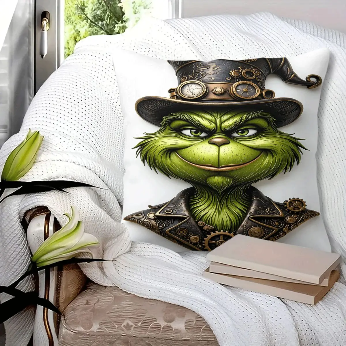 45x45cm 1Pc, Grinch Themed Halloween Christmas Cushion Pillow, spooky jack-o'-lantern bat print, soft durable cozy, perfect for sofa, bed, living room bedroom decor, ideal small holiday home gift, includes pillow filling