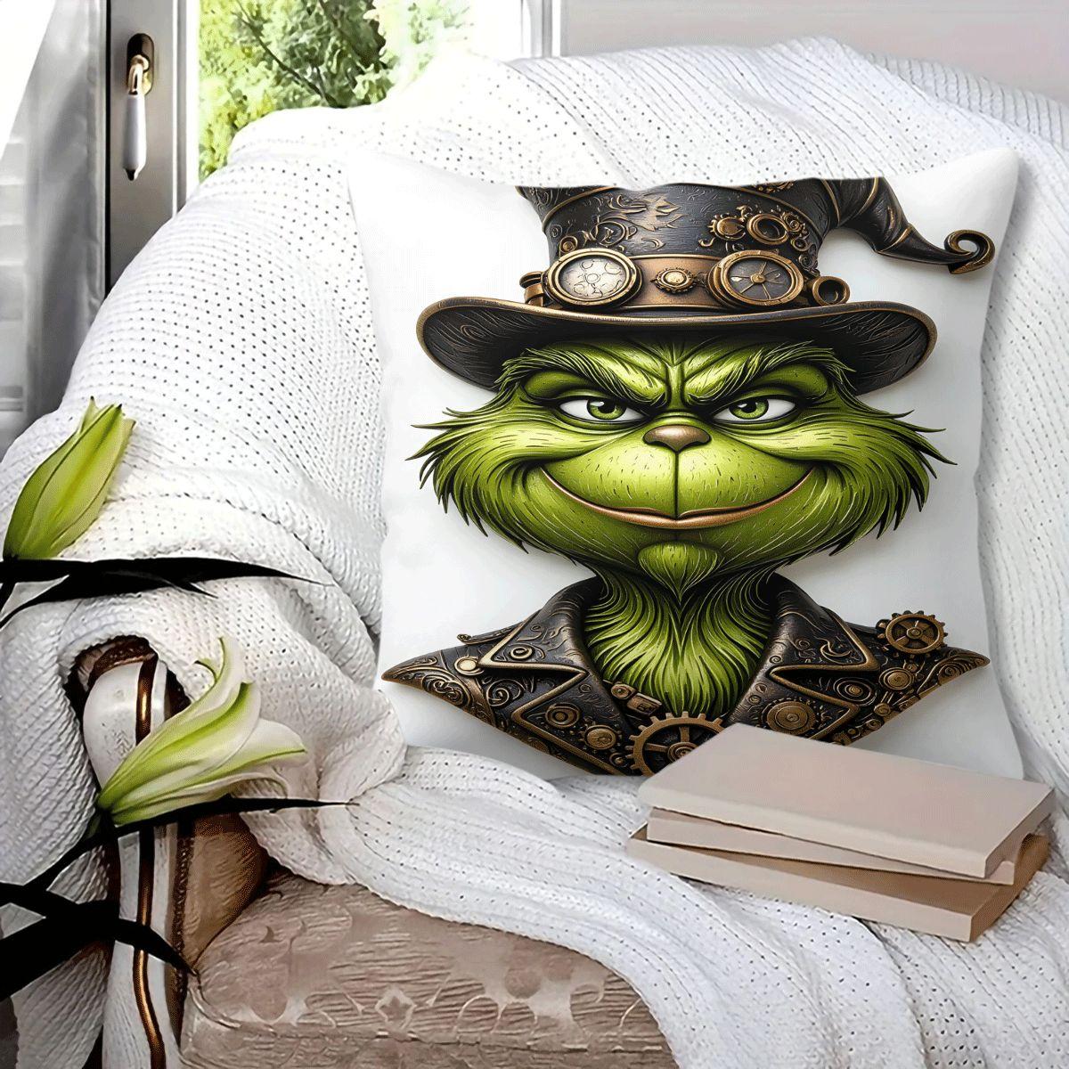 45x45cm 1Pc, Grinch Themed Halloween Christmas Cushion Pillow, spooky jack-o'-lantern bat print, soft durable cozy, perfect for sofa, bed, living room bedroom decor, ideal small holiday home gift, includes pillow filling