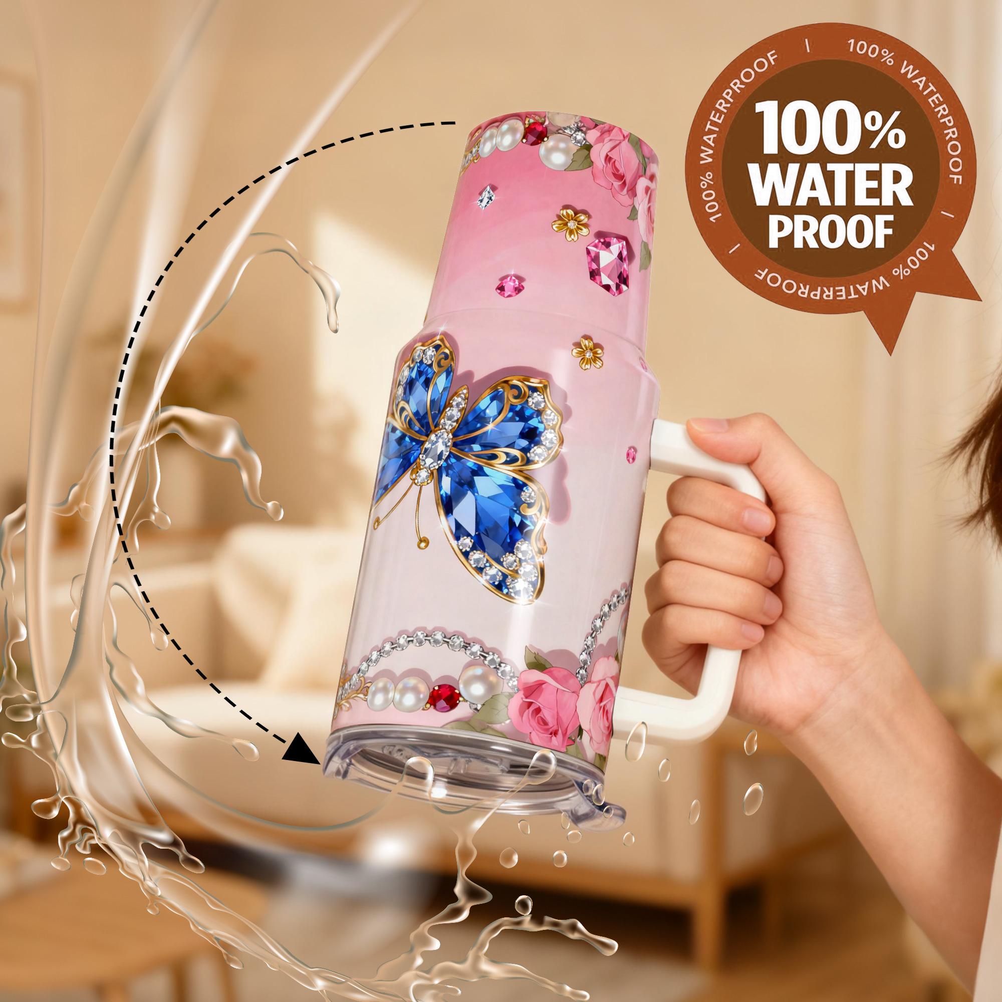 1pc, 40oz/30oz/20oz/14oz Stainless Steel Cup Insulated Water Cup Blue Gem Butterfly & Rose Adorned Double Wall Vacuum Insulated Cup, Leakproof Lid & Carry Handle Travel Mug Insulated Tumbler for Outdoor Camping Hiking, Gift for Dad