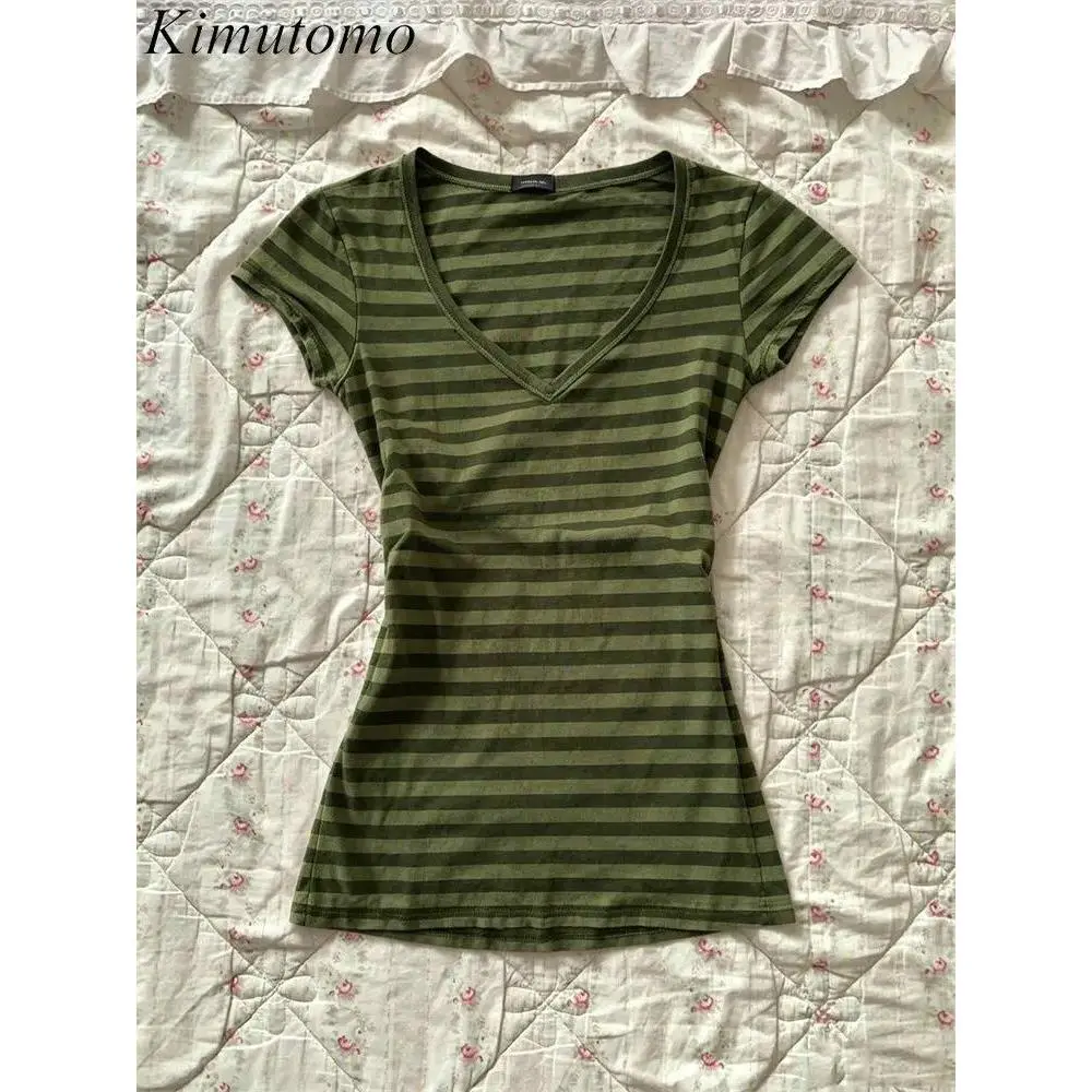 Kimutomo Women T Shirts Vintage Striped Printed V Neck Short Sleeve Fashion Gothic Grunge Tops Y2k Aesthetic Harajuku Female Tee