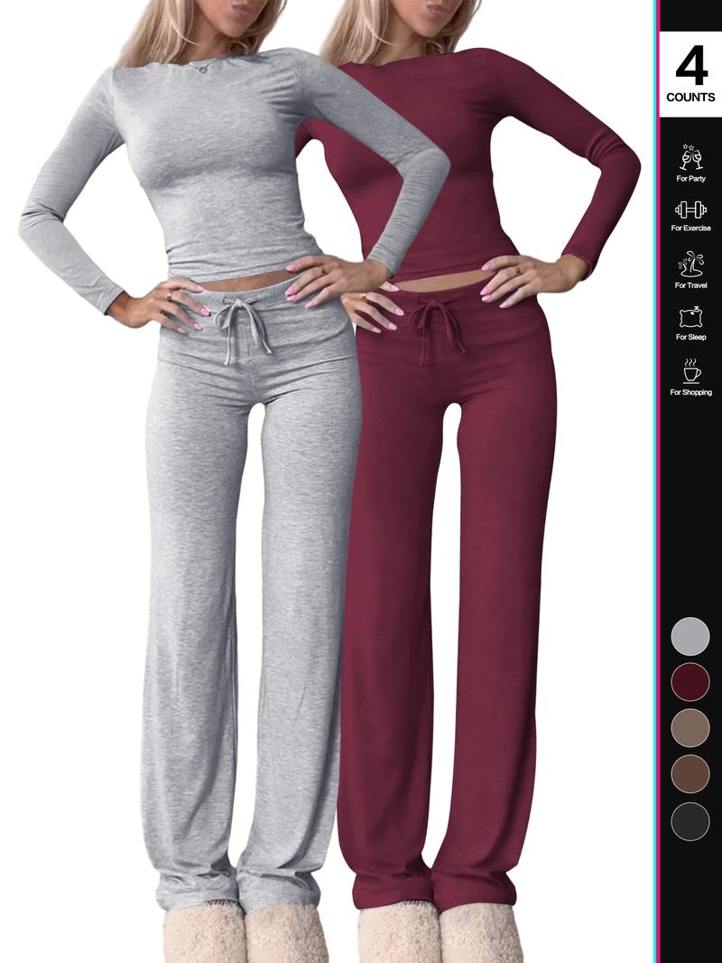 2026 Two Pieces Fall Women Clothes Y2K Sporty Casual Home Solid Color Fitted Long-Sleeved T-Shirt And Long Pants Set