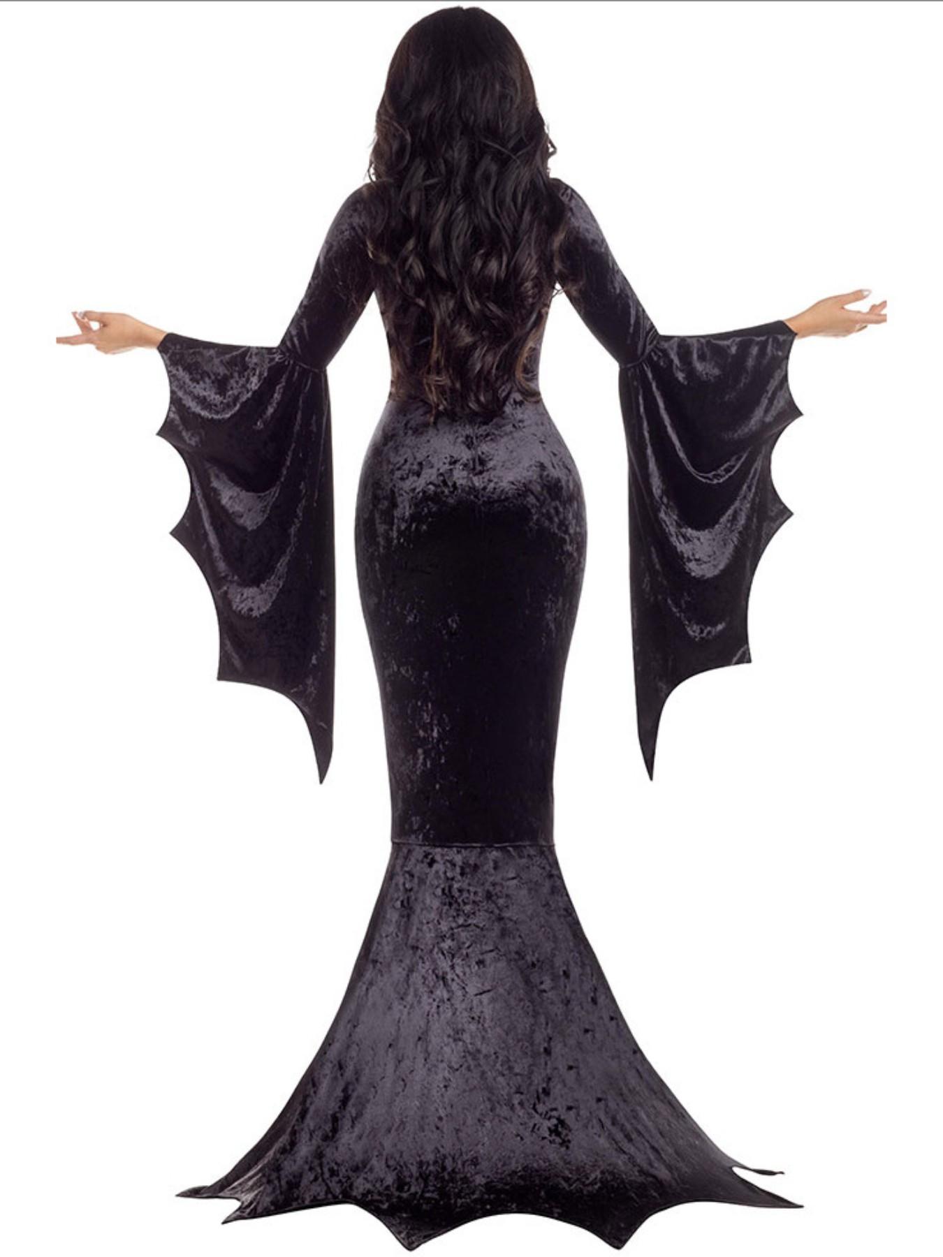 Witchy Costume Morticia Addams Long Train Dress Halloween Terror Dark Outfit Gothic Gown Robe Bat Sleeve Horror For Adult