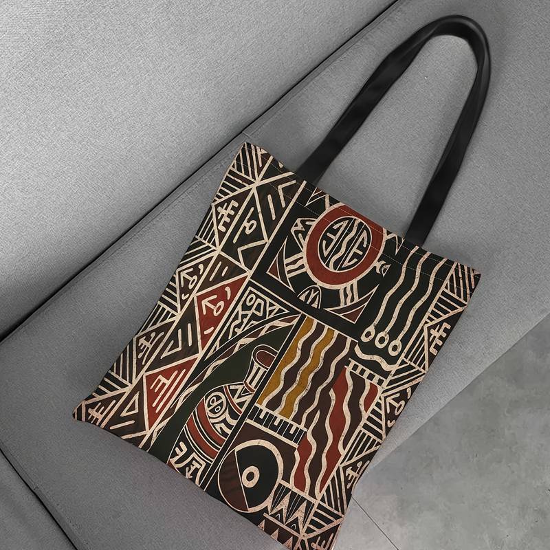 Vintage African Art Geometric Pattern Canvas Bag, Teen Shopping Bag, Durable, Suitable for Daily Use and Beach, Spacious Design, Classic Style