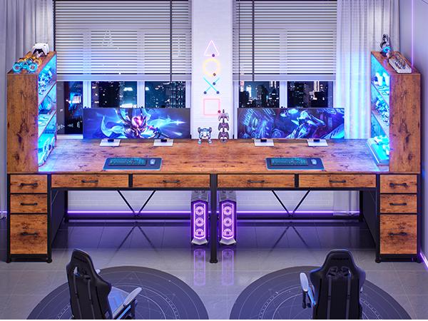 SEDETA 47.2 Inch Reversible Gaming Desk with LED Lights Drawer Storage Bookshelf for Small Spaces Furniture Office Tables Cabinets Wood Design Modern