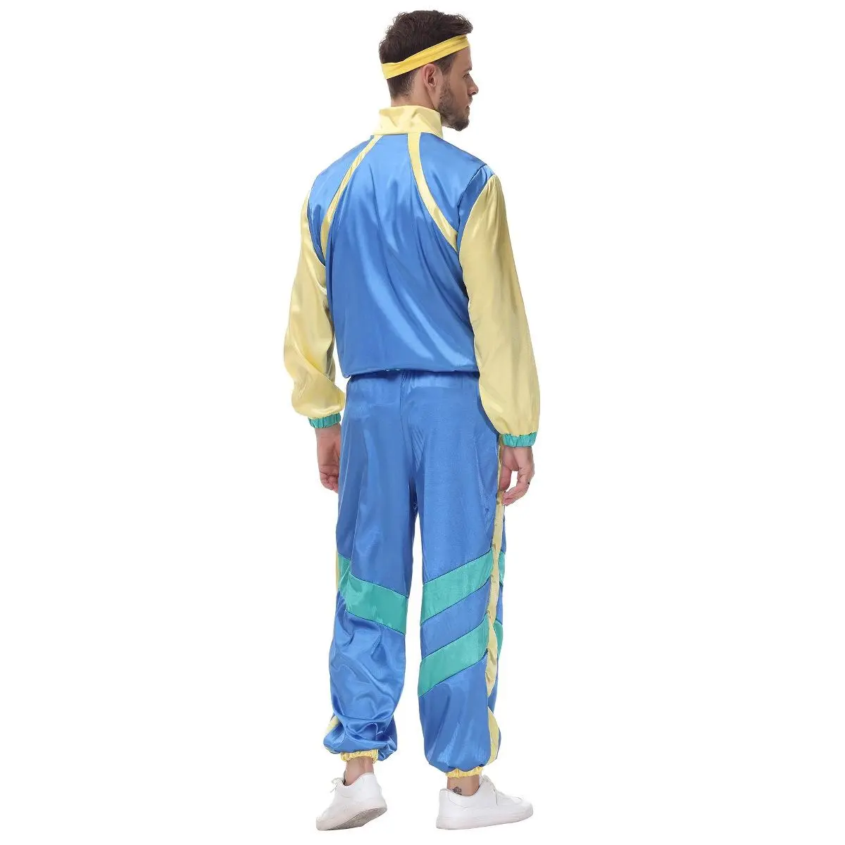 Women 80s Party Tracksuit Color Block Satin Hip Hop Sports Set Stand Collar Zipper Jacket with Drawstring Sweatpants Disco Suit