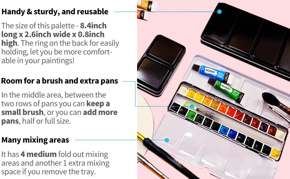 MEEDEN Art Empty Watercolor Paint Palette: Travel Water Color Palette Tin with 12/24 Half Pans - Portable Metal Palette Tin Box (Black), Gift Artist Supplies Mixing MEEDEN Art Empty Watercolor Paint Palette: Travel Water Color Palette Tin with 12/24 Half Pans - Portable Metal Palette Tin Box (Black), Gift Artist Supplies Mixing