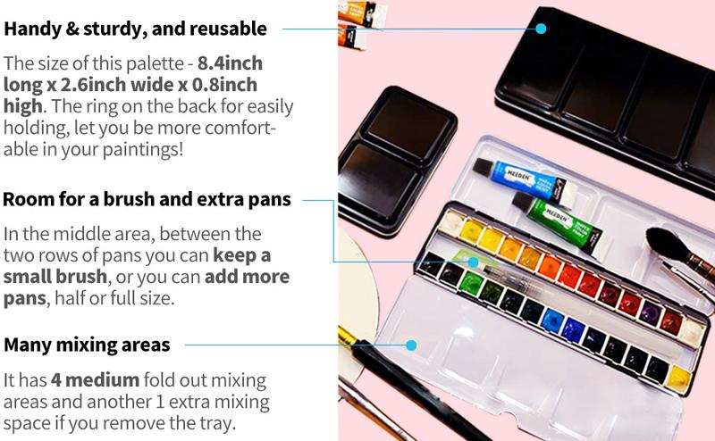MEEDEN Art Empty Watercolor Paint Palette: Travel Water Color Palette Tin with 12/24 Half Pans - Portable Metal Palette Tin Box (Black), Gift Artist Supplies Mixing