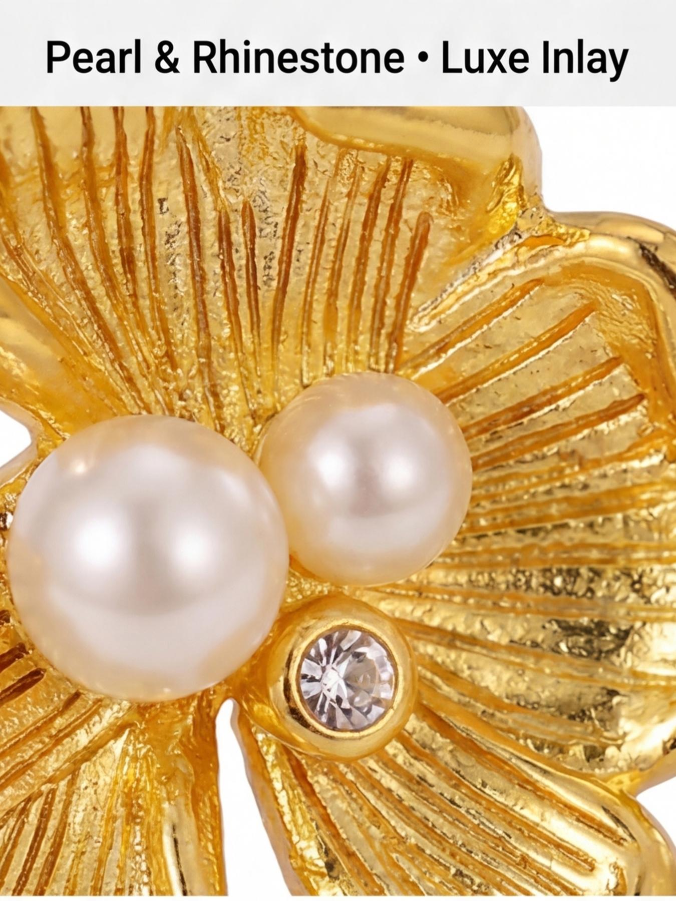 Women's Hypoallergenic Vintage Textured Flower Pearl Stud Earrings, Gold Plated 3 Petal Floral Pearl & Rhinestone Inlaid Dainty Earrings, New Chinese Style Fashion Jewelry for Everyday Wear Office Wedding & Gift