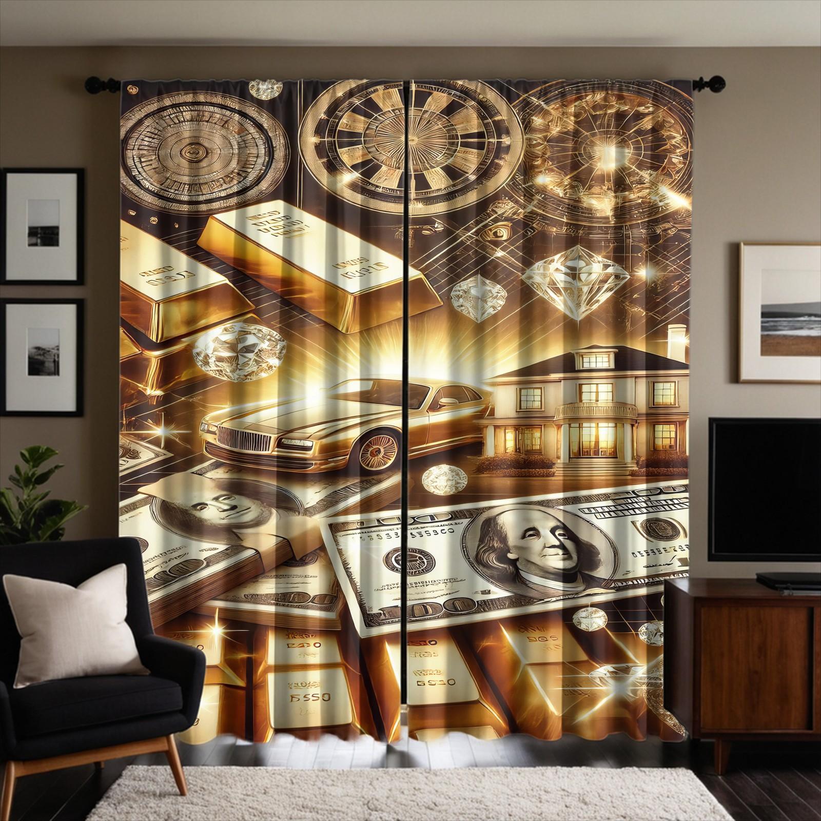 2 Pack Brushed Fabric Curtains, Wealth Theme Digital Print Window Drapes, Semi-Transparent & Fade Resistant, Through Rod Hanging Design, for Bedroom Living Room, Rich Dream Golden Home Curtains, Home Decoration Curtain