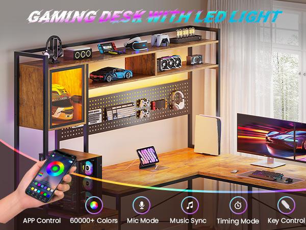 SEDETA L Shaped Gaming Desk with Drawers, Reversible Computer Corner Desk with File Drawer, Hutch, Storage Shelves for Home Office, Gaming Two Person Desk with Led Lights, Power Outlet