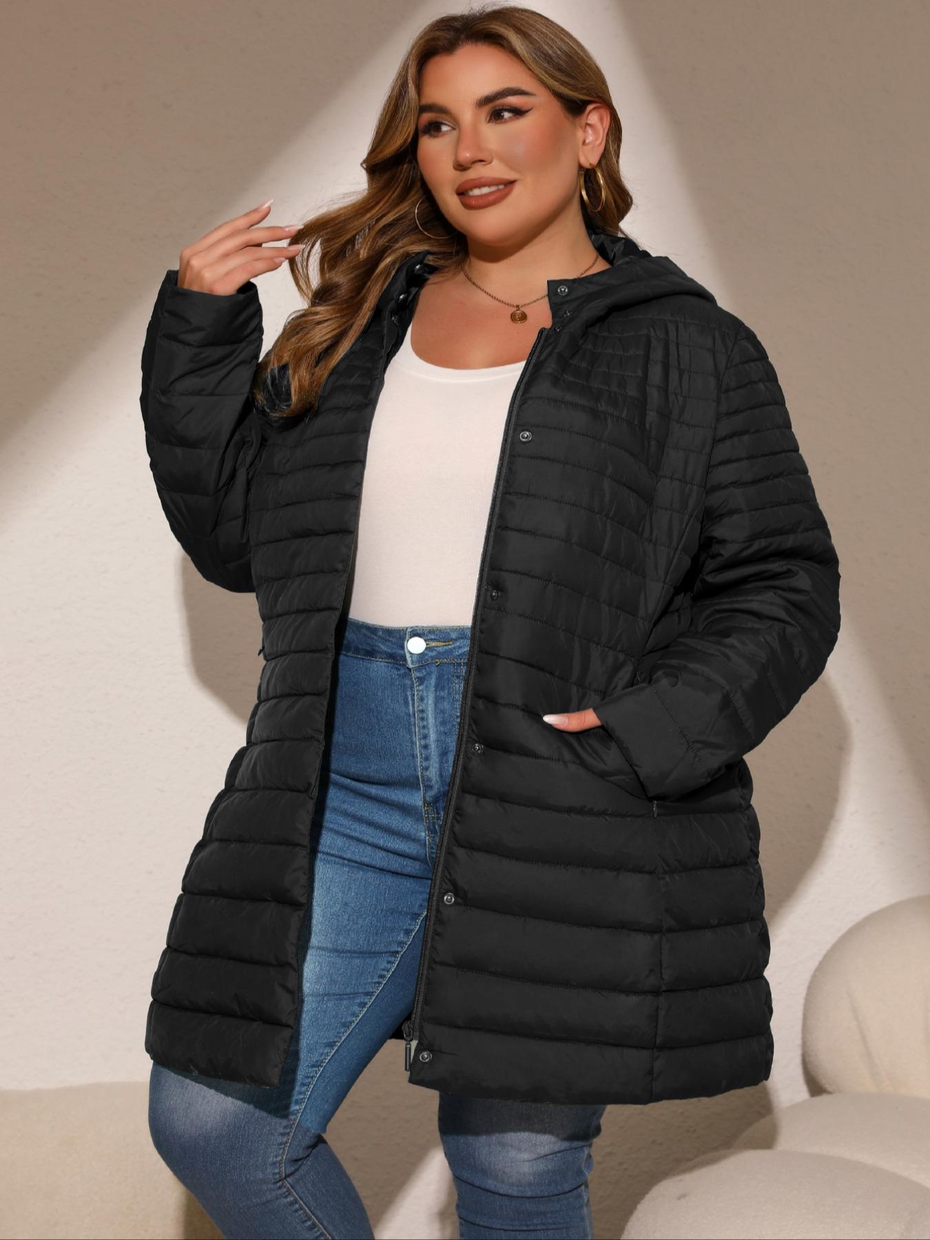 Women's Plus Size Long Puffer Coat for Fall Winter, Warm Hooded Coat with Pockets, Casual Fitted Outerwear, Elegant Commuter Style Clothes