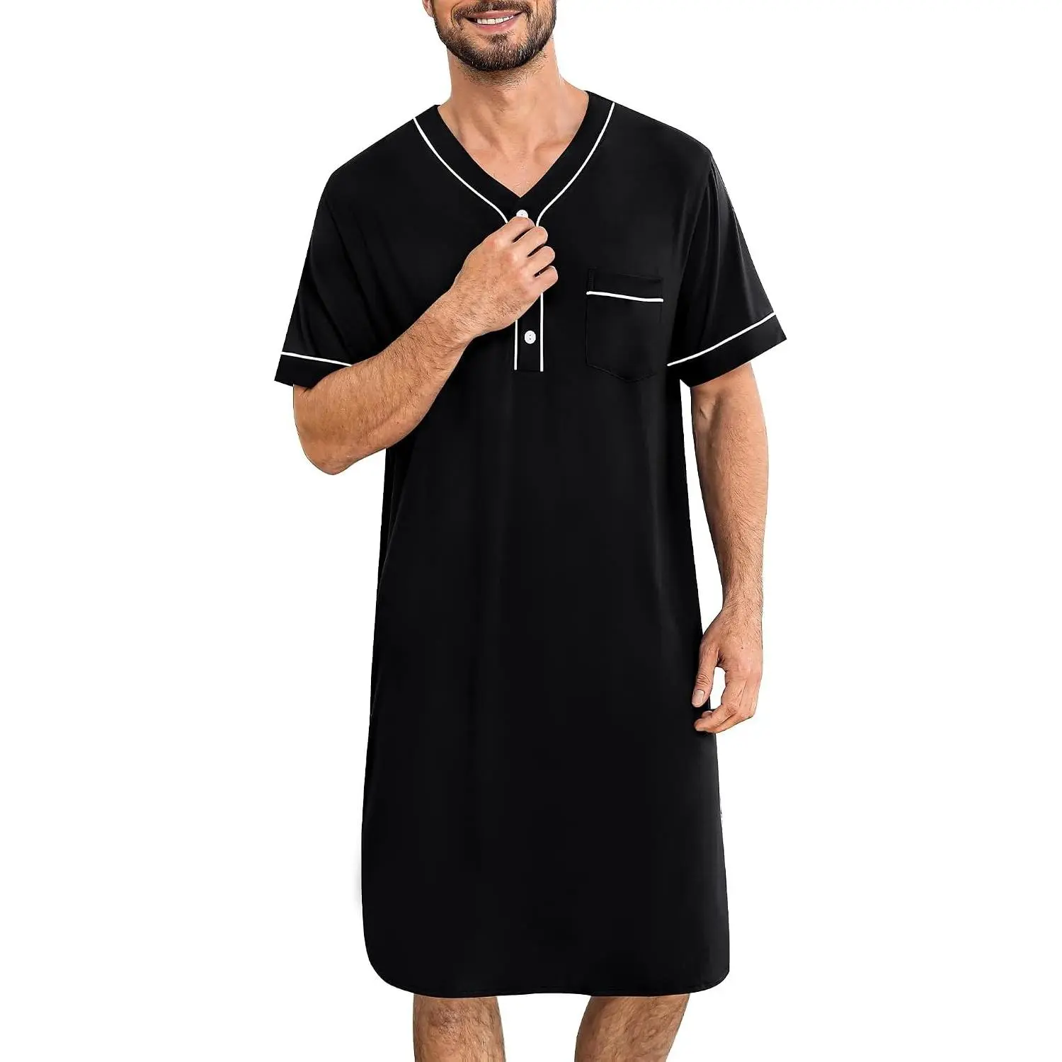 Men's Short Sleeve Henley Nightgown Lounge Sleep Shirt Pajama Big & Tall Nightshirt Comfy Nightwear M-3XLGift