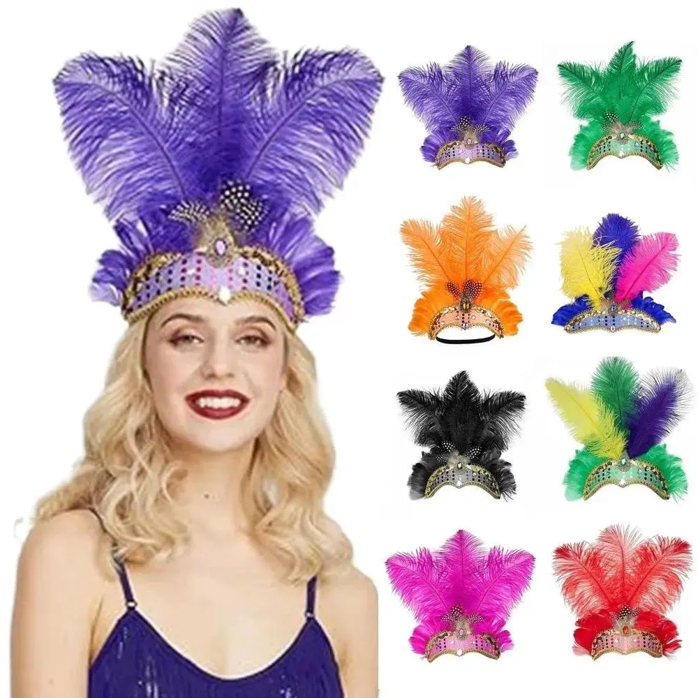 Colorful Feather Headpiece Stage Performance Brazilian Carnival Showgirl Headband Decorative Hair Band Hawaiian Party Accessory
