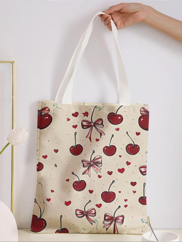 Cherry Bowknot Pattern Casual Storage Bag, Cherry Print, Night Scene, Fashionable and Trendy, Suitable for Daily Shopping, Office, Various Occasions