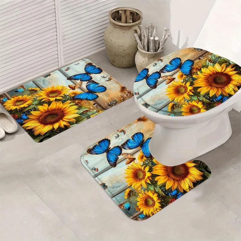 Sunflower Pattern Bathroom Decor Set, 4 Countsset Including Shower Curtain & Toilet U-shape Mat & Bathroom Mat & Toilet Lid Cover, Bathroom Decor Supplies, Bathroom Decoration Accessories