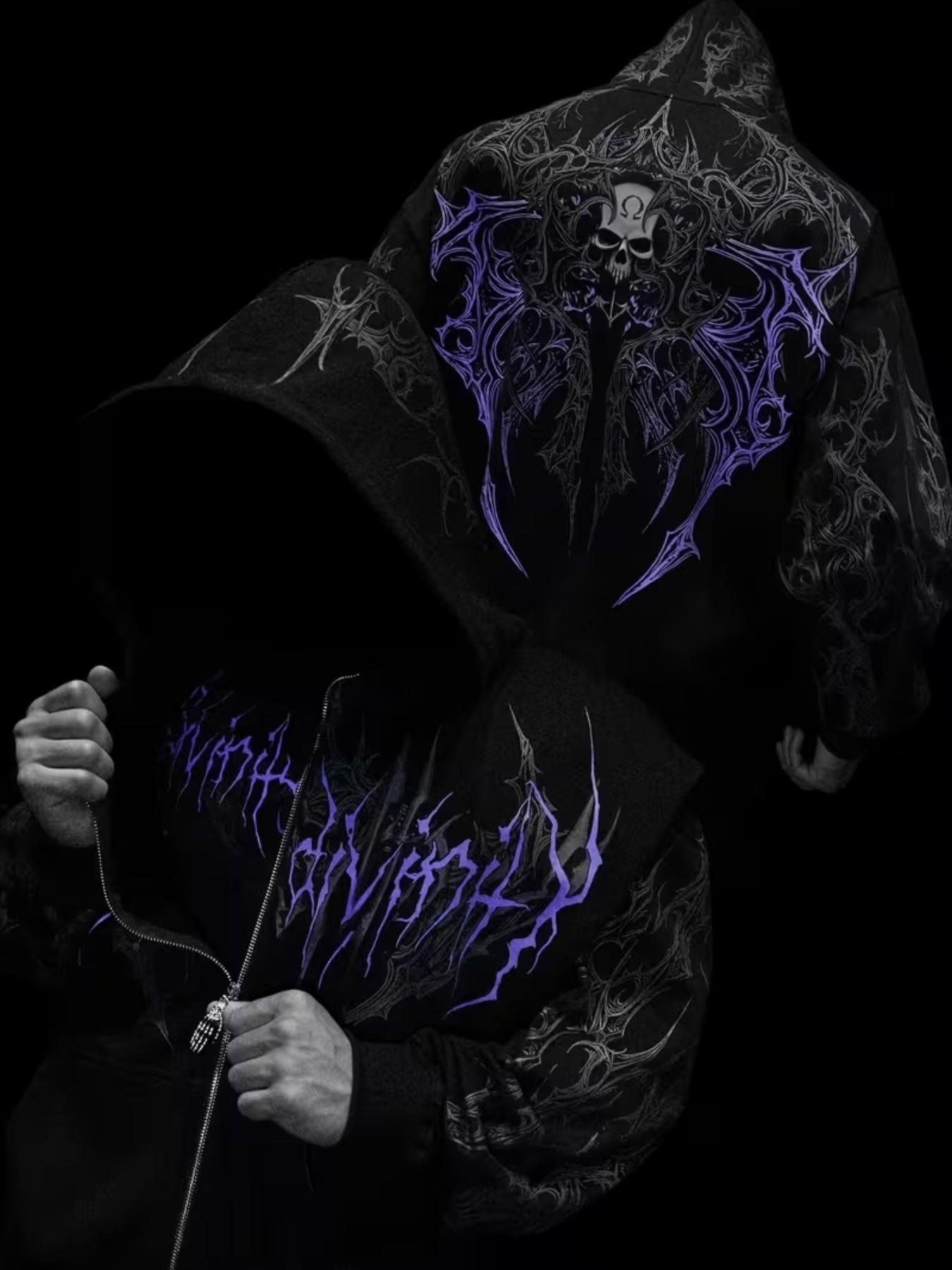 Men's Printed Hoodie, Winter Sportswear, Casual Kangaroo Pocket, Warm Wool Lined Pullover, Full Zipper, Print, Fall & Winter Clothing, Casual Fit Streetwear