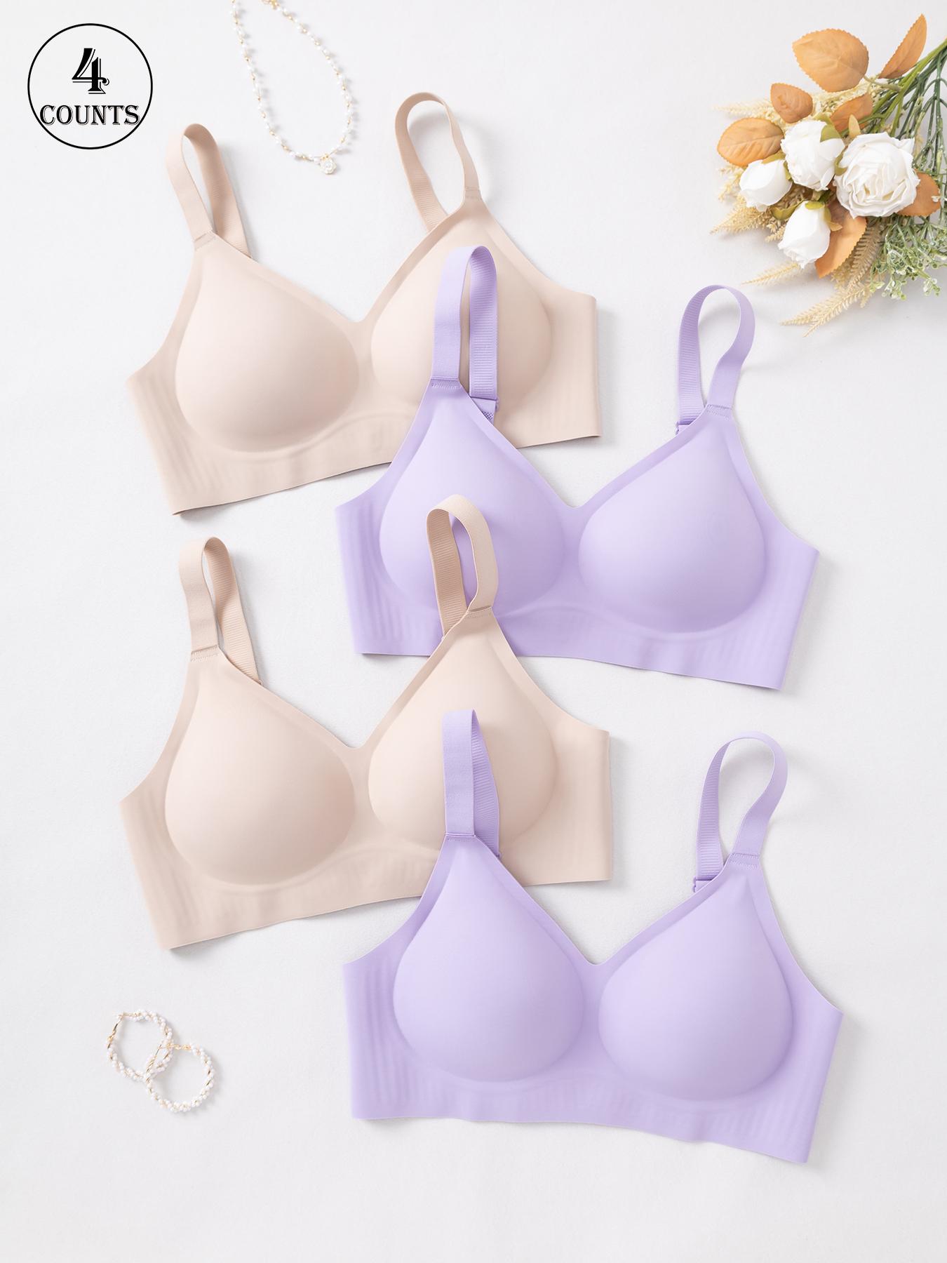 4 piece set solid color women's Wireless seamless bras with hook and adjustable straps, no underwire support for a gathered back, comfortable, breathable, skin-friendly, soft, daily casual sexy lift underwear