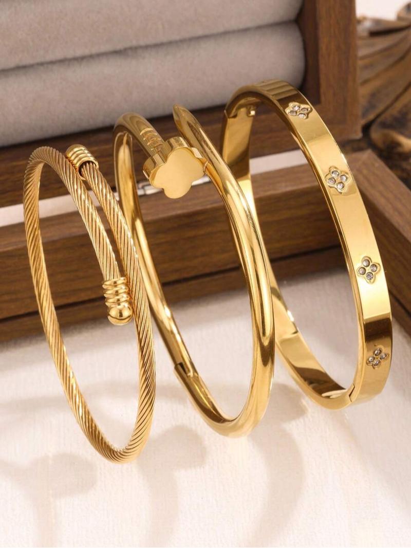 3 Pcs 18K Gold-Plated Stainless Steel High Quality Bracelet, Luxurious Cubic Zirconia Exquisite Trendy Bracelet, Suitable for Daily Wear and Women's Gatherings, Wedding Jewelry Gifts for Women and Girls
