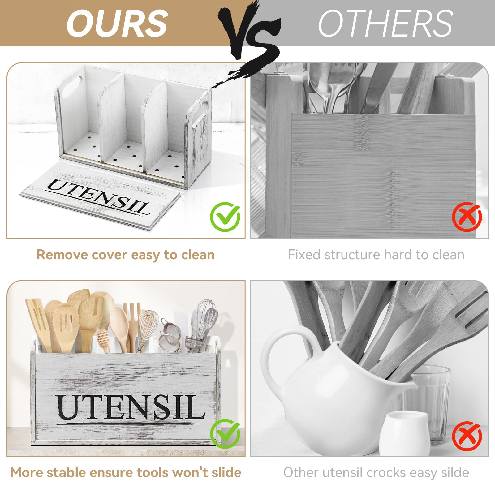 Wooden Kitchen Utensil Holder, 1 Count Large Utensil Organizer, Cooking Tools Storage Rack, Kitchen Utensils Storage Box, Kitchen Pantry Storage