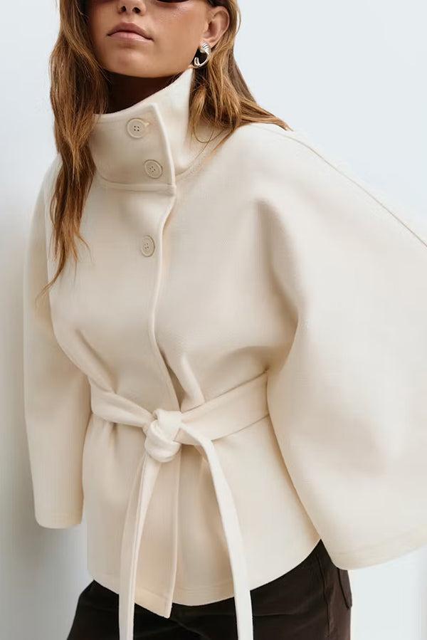 Women's Plain Front Buckle Belted Woolen Cape Coat, Casual Fall & Winter Outerwear, Stylish Daily Wear for Dating, Button