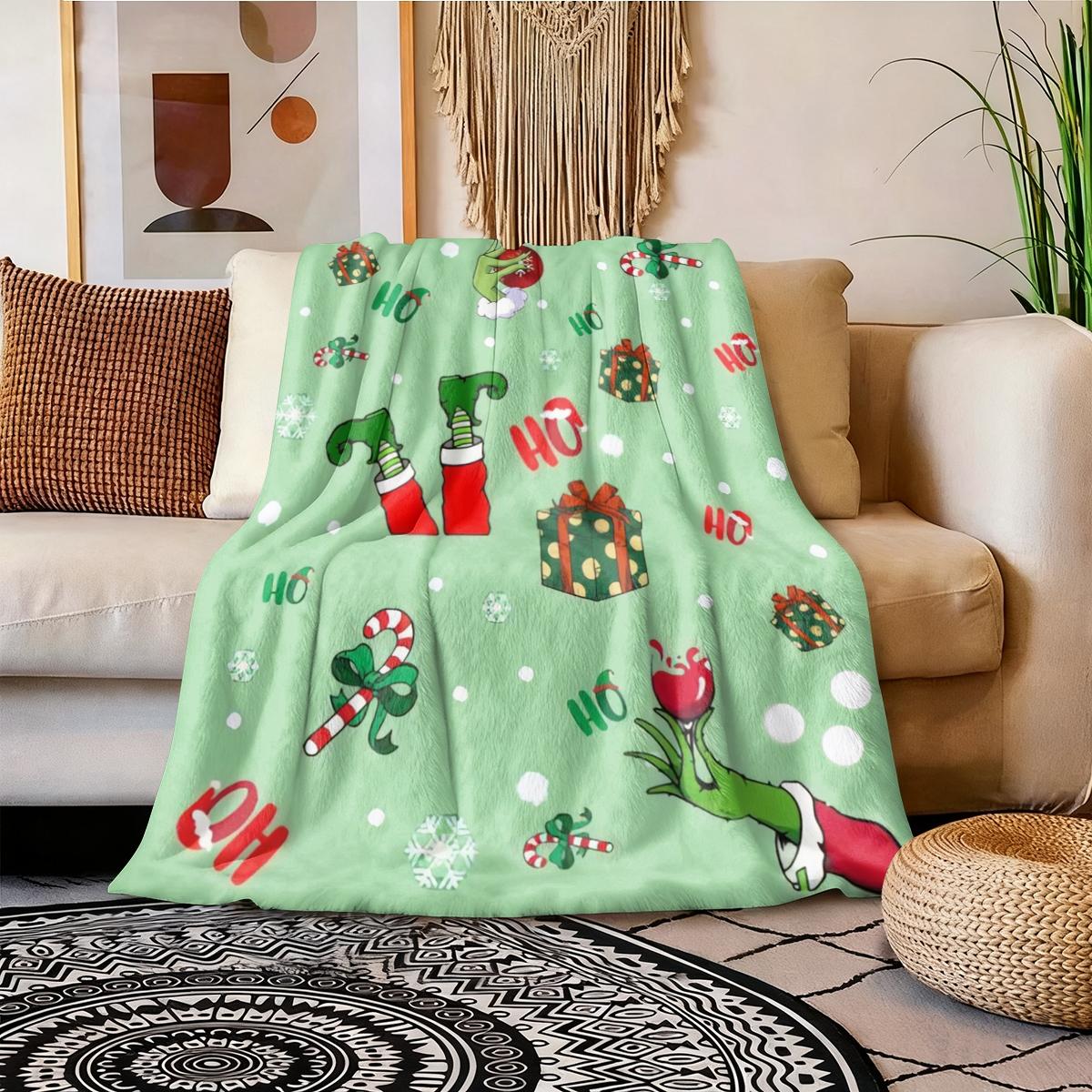 Comfortable Christmas Anime Grinch Gift Blanket, Flannel Blanket for Holiday Gifts, Soft Skin-Friendly Multi-Size Blanket, Perfect Home Decor