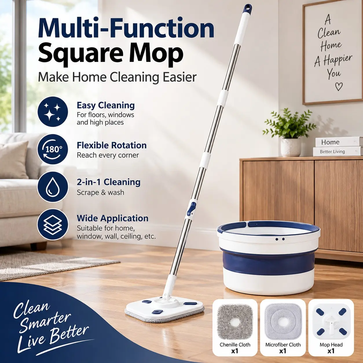 Square Head Flat Mop and Foldable Bucket Set, Extendable Long Handle Floor Cleaning Mop, Washable Microfiber and Chenille Cloths