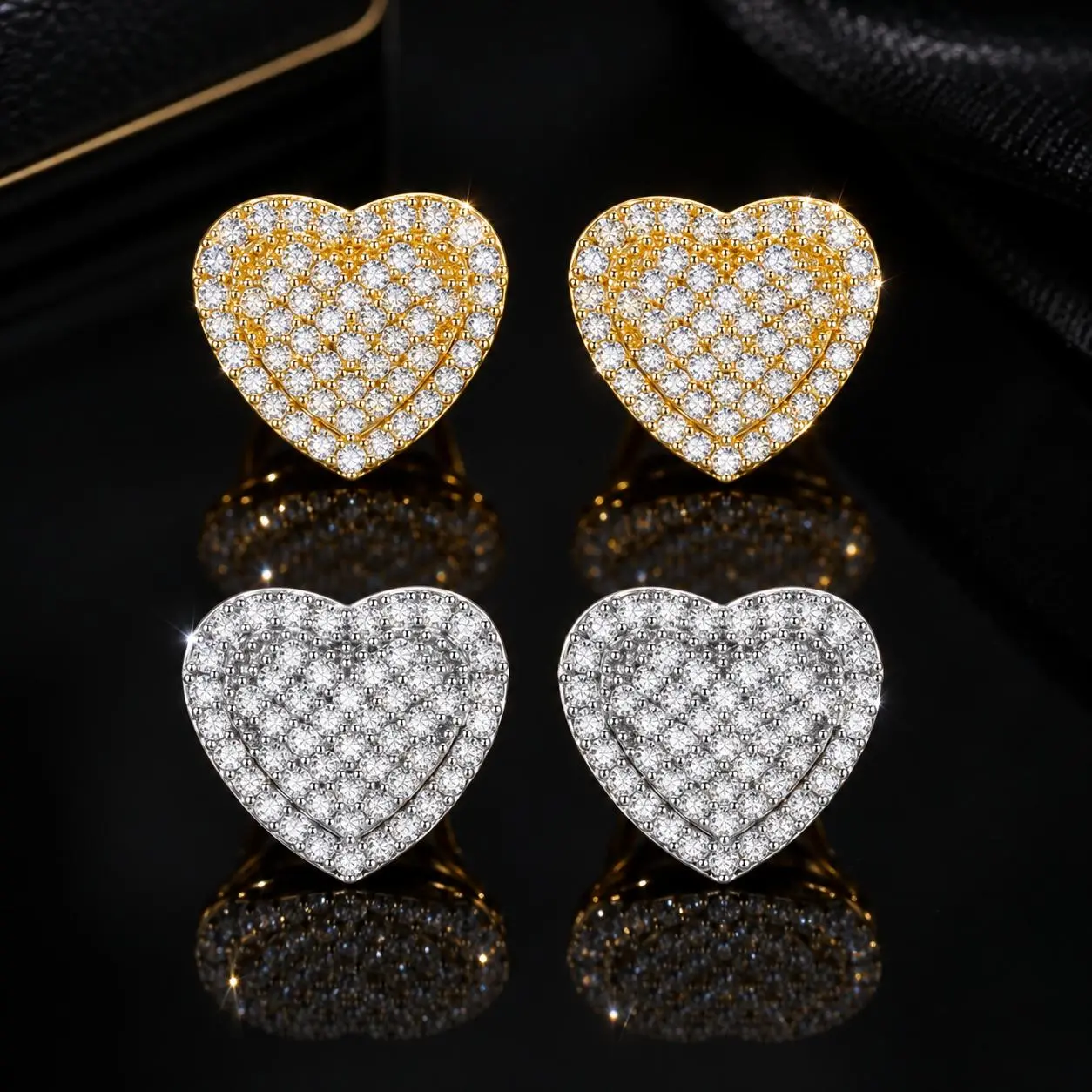 14K Gold Plated Heart Shaped Stud Earrings for Women, Exquisite CZ Heart Ear Stud Elegant Women Shiny Cubic Zirconia Earrings Party Birthday Wedding Engagement Anniversary Jewelry Holiday Gift Couple Earrings