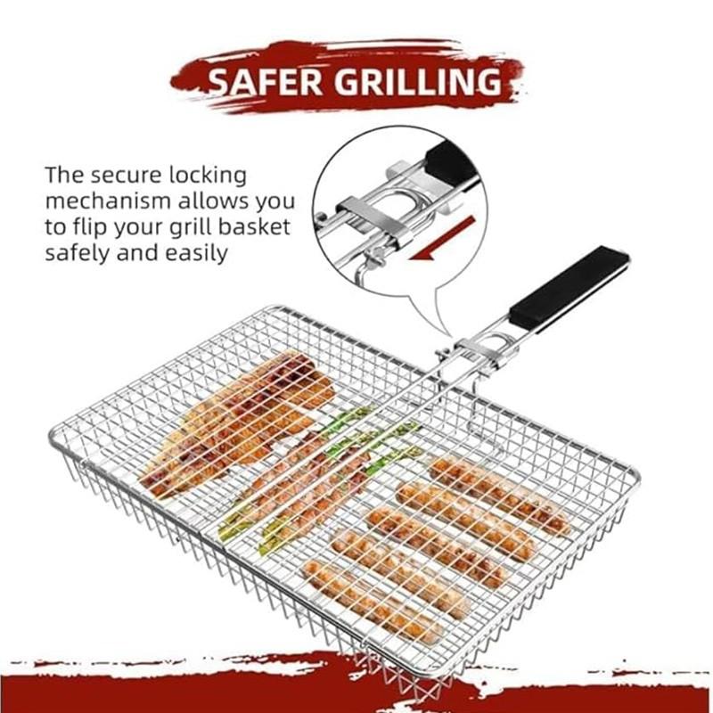 BBQ Stainless Steel Folding Handle Grill Tongue, Outdoor Multi-Functional Grill Net, Fish Meat Vegetable Rack, BBQ Tools