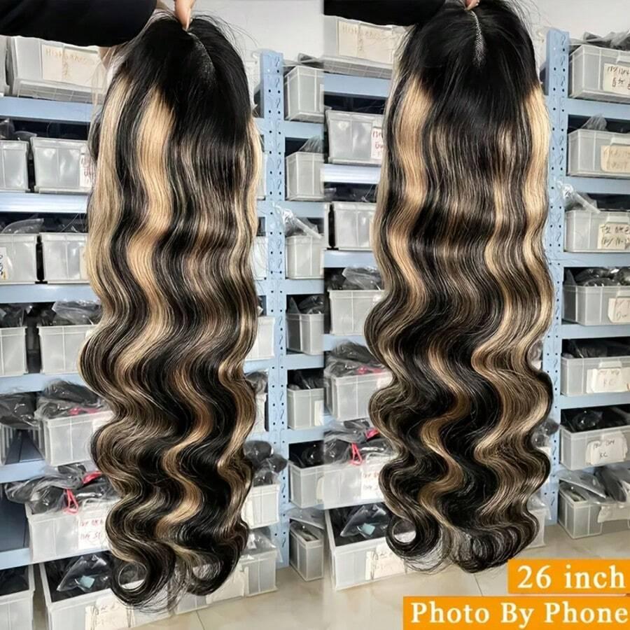Highlight Ombre Lace Front Wig Human Hair Wear To Go Wig Pre Cut 5x5 Lace Closure Wigs Blended Hair Body Wave Lace Front Wigs Pre Plucked 5x5 Glueless Lace Wig P1B/27 Brown Highlight Wig 200 Density Colored 26 Inch Balayage Wigs for Women