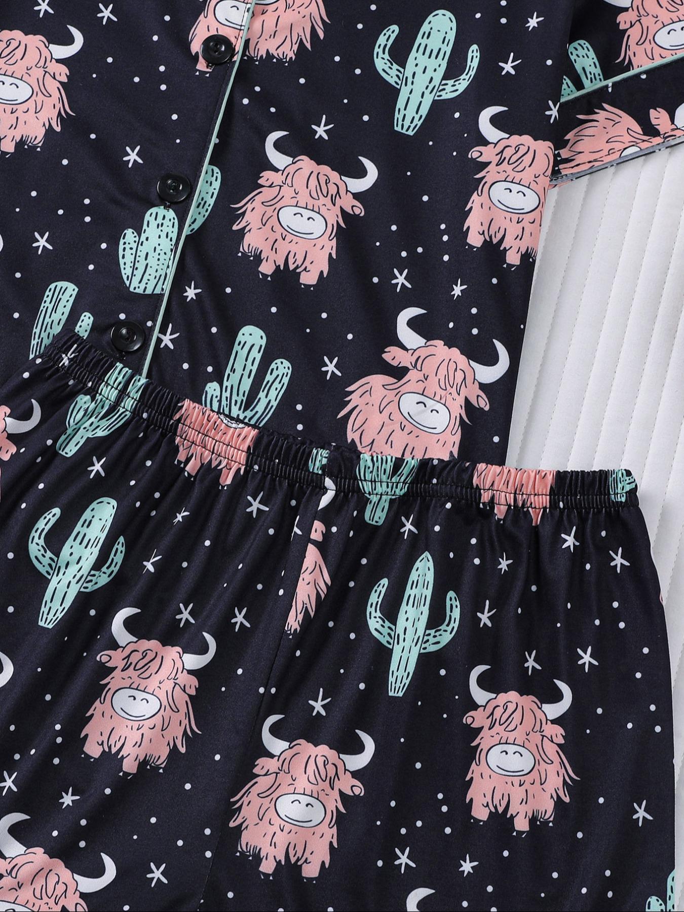 Children's pajamas 2 sets of cute little yak printed children's pajamas for girls and boys, new for summer 202, flame retardant, thin short-sleeved shorts 2 sets of pajamas for children can be worn outside as home clothes 2 sets of Print Sleepwear