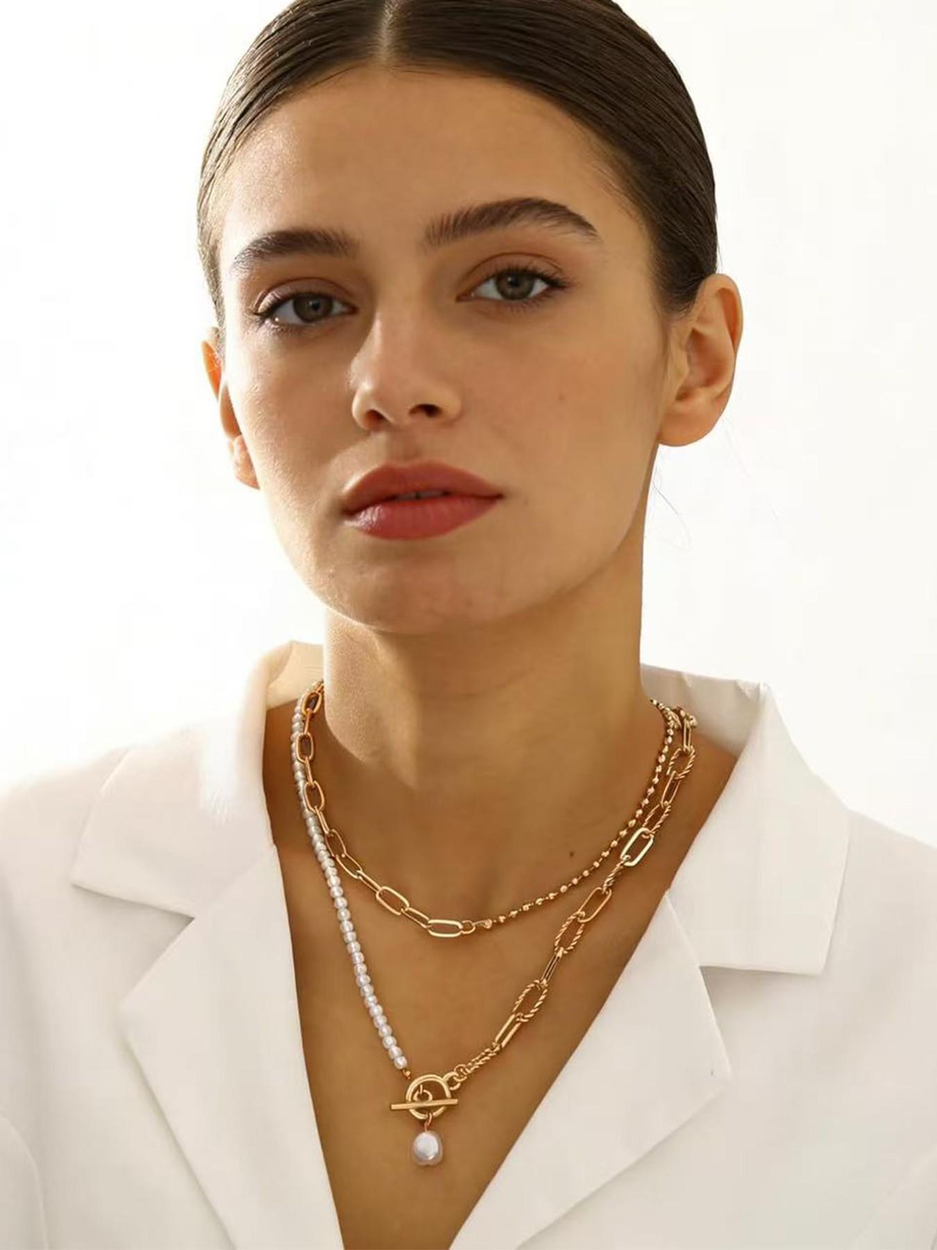 Layered Pearl Chain Necklace for Women, 14K Gold Plated Pearl Link Toggle Clasp Necklace, Dainty Trendy Layered Choker Chunky Jewelry Fashion Gift for Women