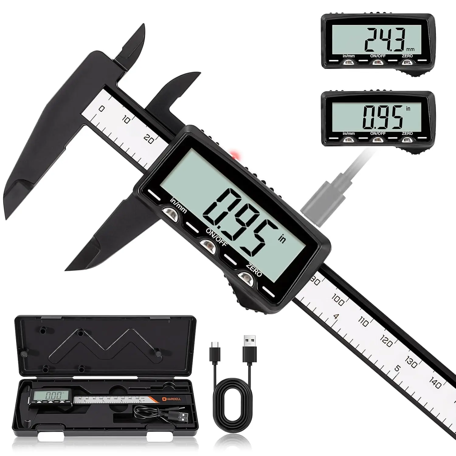 Digital Caliper, Rechargeable Plastic Caliper with Large LCD Screen, in/MM Conversion, Protect Case, Auto-Off Caliper Measuring for Hoehold, Watch, Jewelry, DIY, 6 Inch