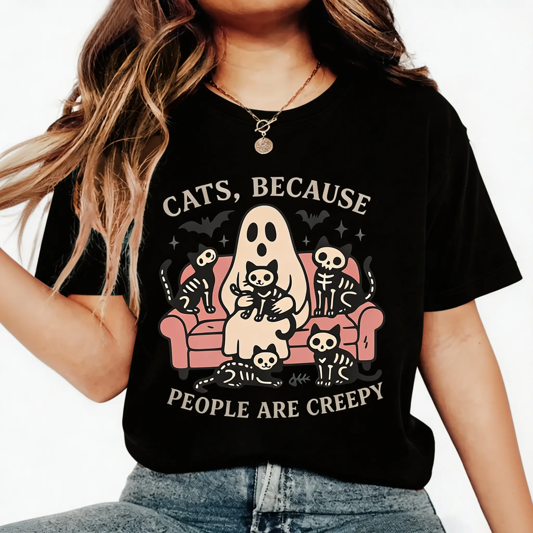 Funny Cat Lover Ghost Sofa Graphic Tee – "CATS, BECAUSE PEOPLE ARE CREEPY" Ghost Surrounded By Skeleton Cats On Pink Couch, Sarcastic Introvert Humor Print, 100% Cotton Non-Washed Shirt, SummerVibes Ideal Gift For Cat Moms & Introverts, Best Halloween & H