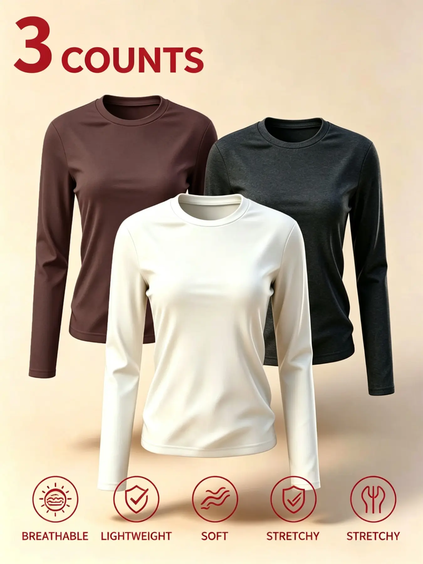 Women's Sporty Warm Underwear Set, 3-Piece Fitted Long Sleeve Round Neck Tops, Comfortable All-Season Base Layer Tees