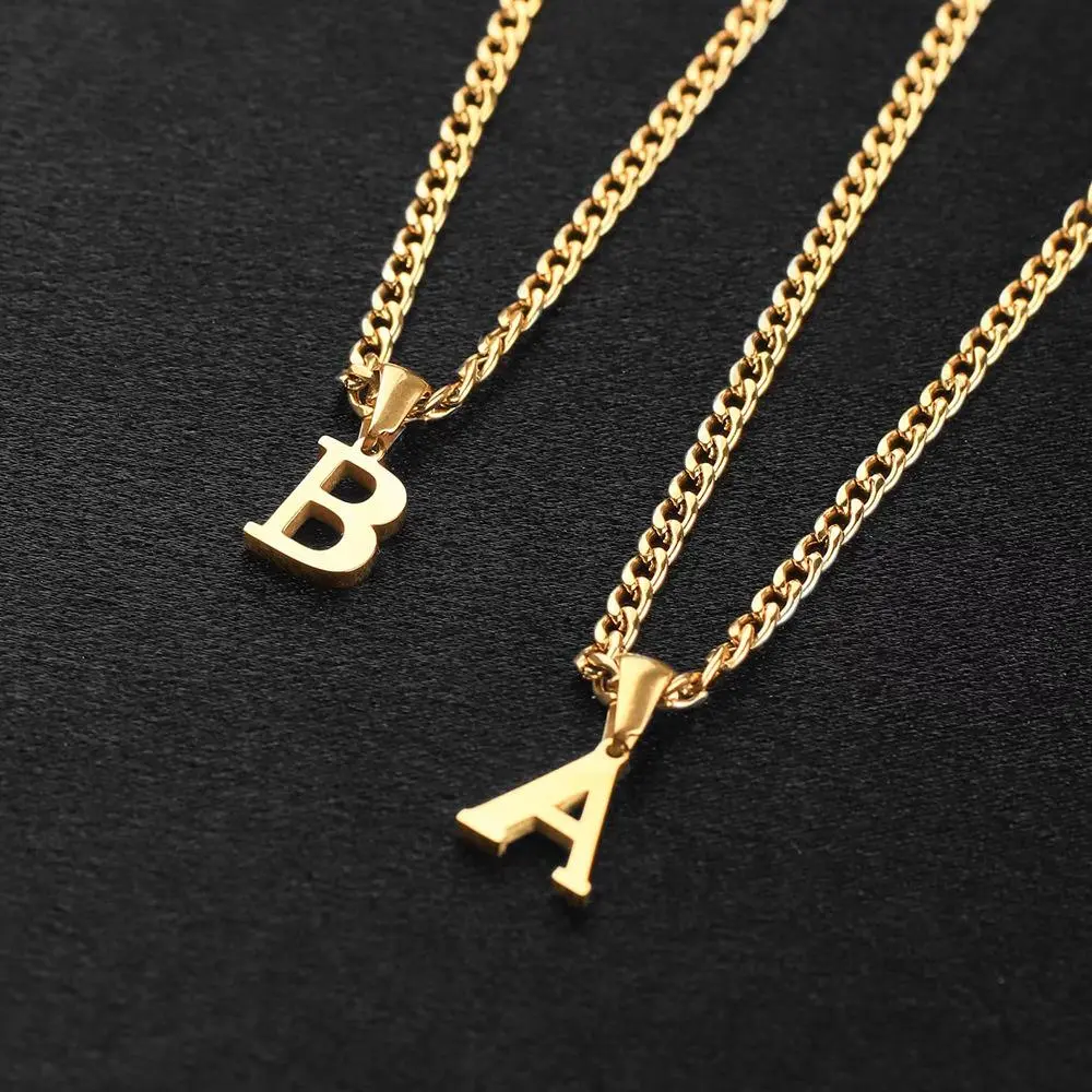 14K Gold Plated Initial Necklace for Women Men, Minimalist A-Z Letter Pendant Necklaces Stainless Steel Trendy Cuban Chain Unisex Name Initial Pendant Clavicle Chain Couple Necklaces Holiday Gift