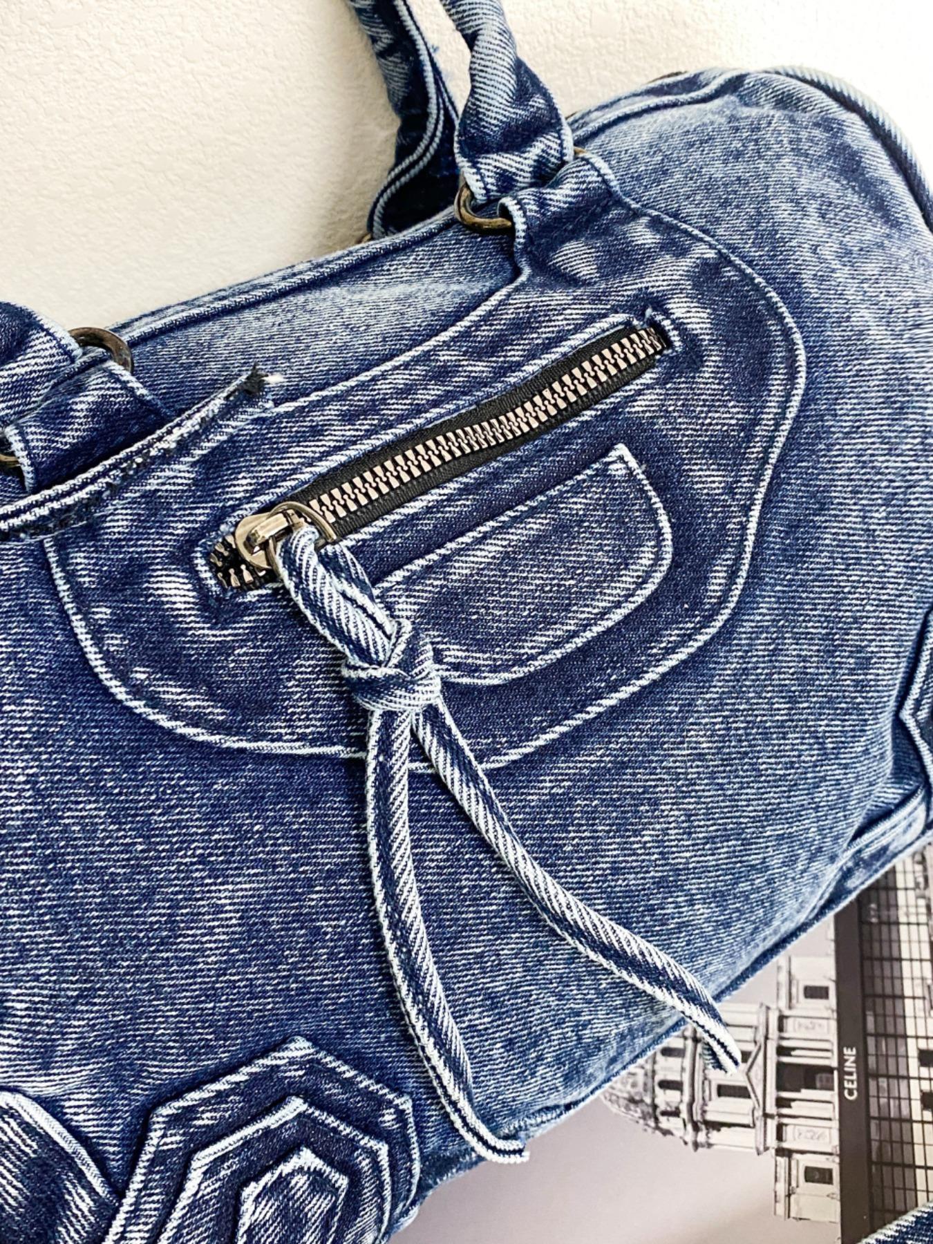 Vintage Denim Motorcycle Bag Large Capacity, Denim Shoulder Purse, Casual Crossbody Shoulder Bag for Women, Trendy Handbag for Work and Vacation