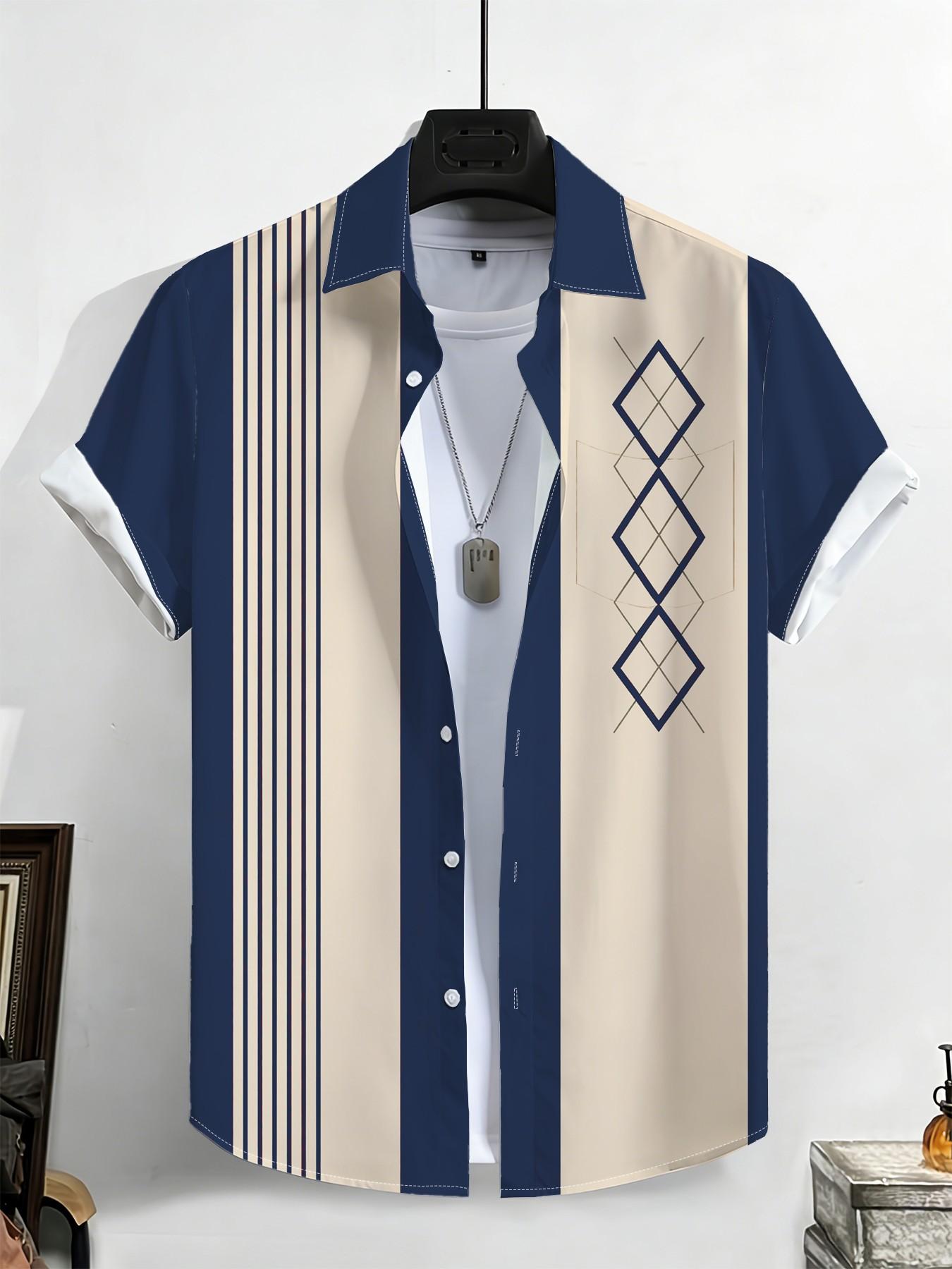 Large Size Men's Blue Block Plaid Striped Shirt, Summer Loose Fit Breathable Short Sleeve Shirt, Plus Size American Vintage Casual Top