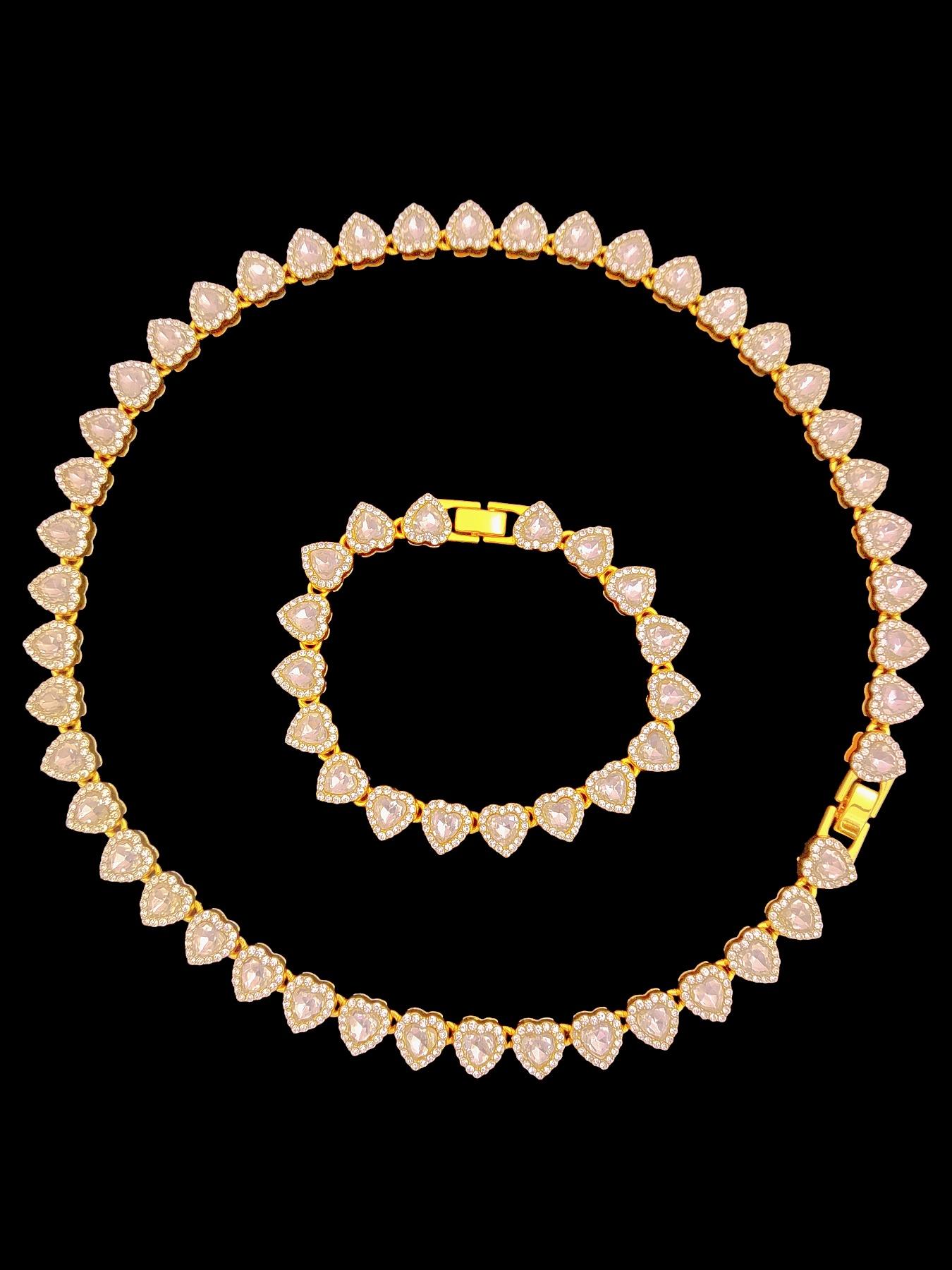 2Pieces/Set 10mm Love Heart Shape Chain Necklace and Bracelet Men or Women Hip Hop Iced Out Bling Bling Chain Necklace and Bracelet Fashionable Jewelry Set Fashion Set Jewelry Valentines Gift