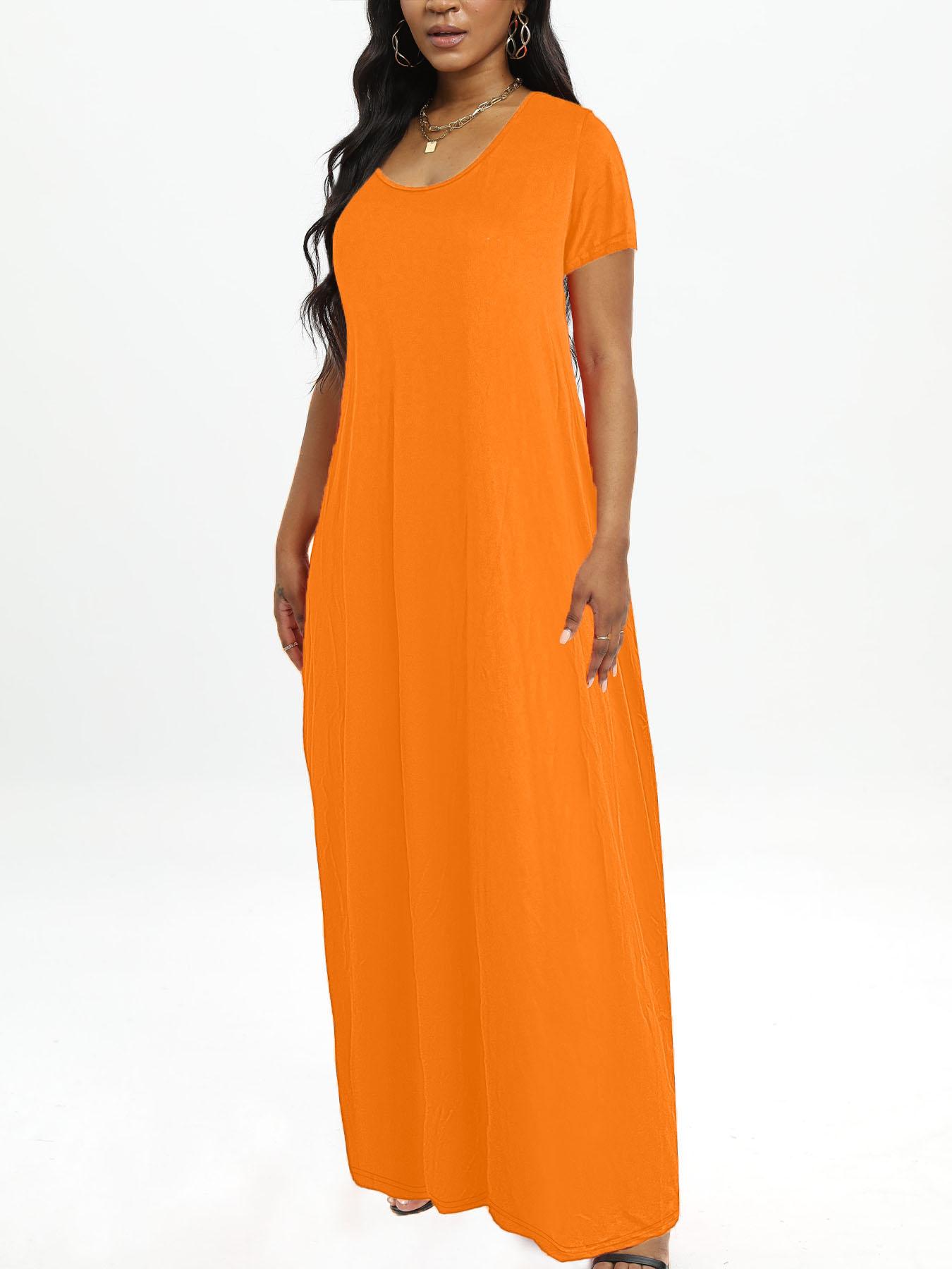 Plus Size Round Neck Short Sleeve Maxi Dress, Loose Flowy Hem, Curvy Friendly Long Dress
