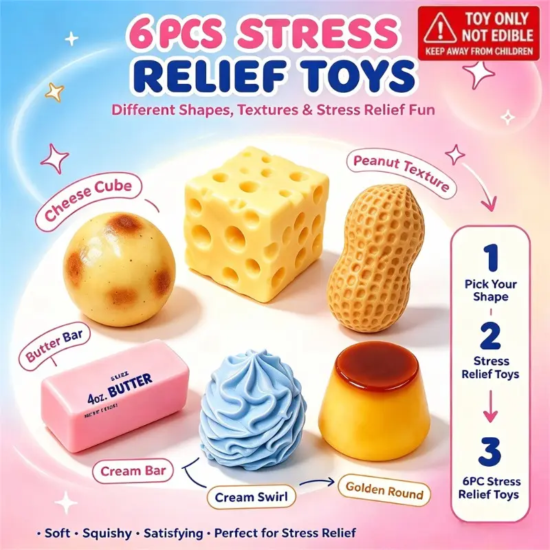 Six-Piece Soft Kawaii Stress Relief Toy Set, Asmr Squeezing Sensory Relaxation Toys, Food Shape Design, Party Gift, Novel Holiday Present
