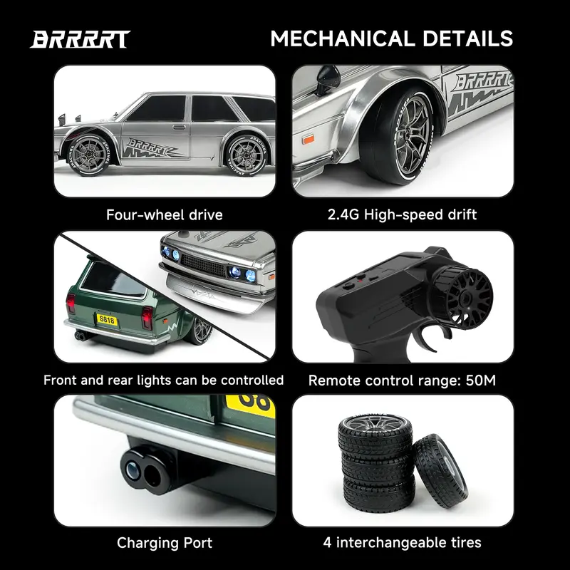 Product Introduction of BRRRRT High-speed drift racer with wireless remote control and four-wheel drive power. Features high-brightness LED headlights and a shock-resistant PVC elastic body. This passion-fueled racing car never fears the dark—the perfect gift for boys and girls. 1