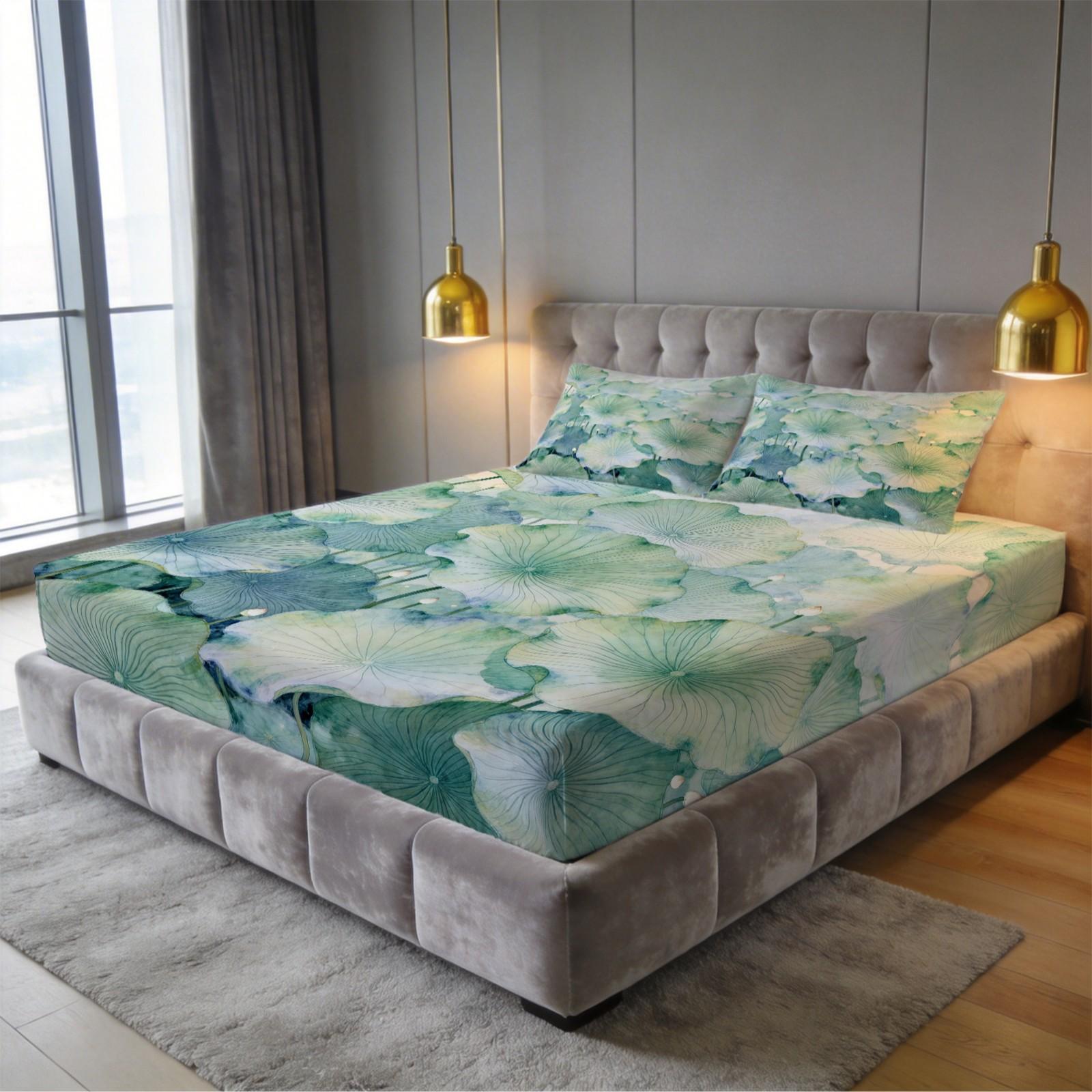 3 Piece Watercolor Lotus Leaf Fitted Sheet Set, Green Lotus HD Digital Print Bedding Set, Soft Breathable Deep Pocket Bed Sheet with Pillowcases for Bedroom & Dorm (Insert Not Included)