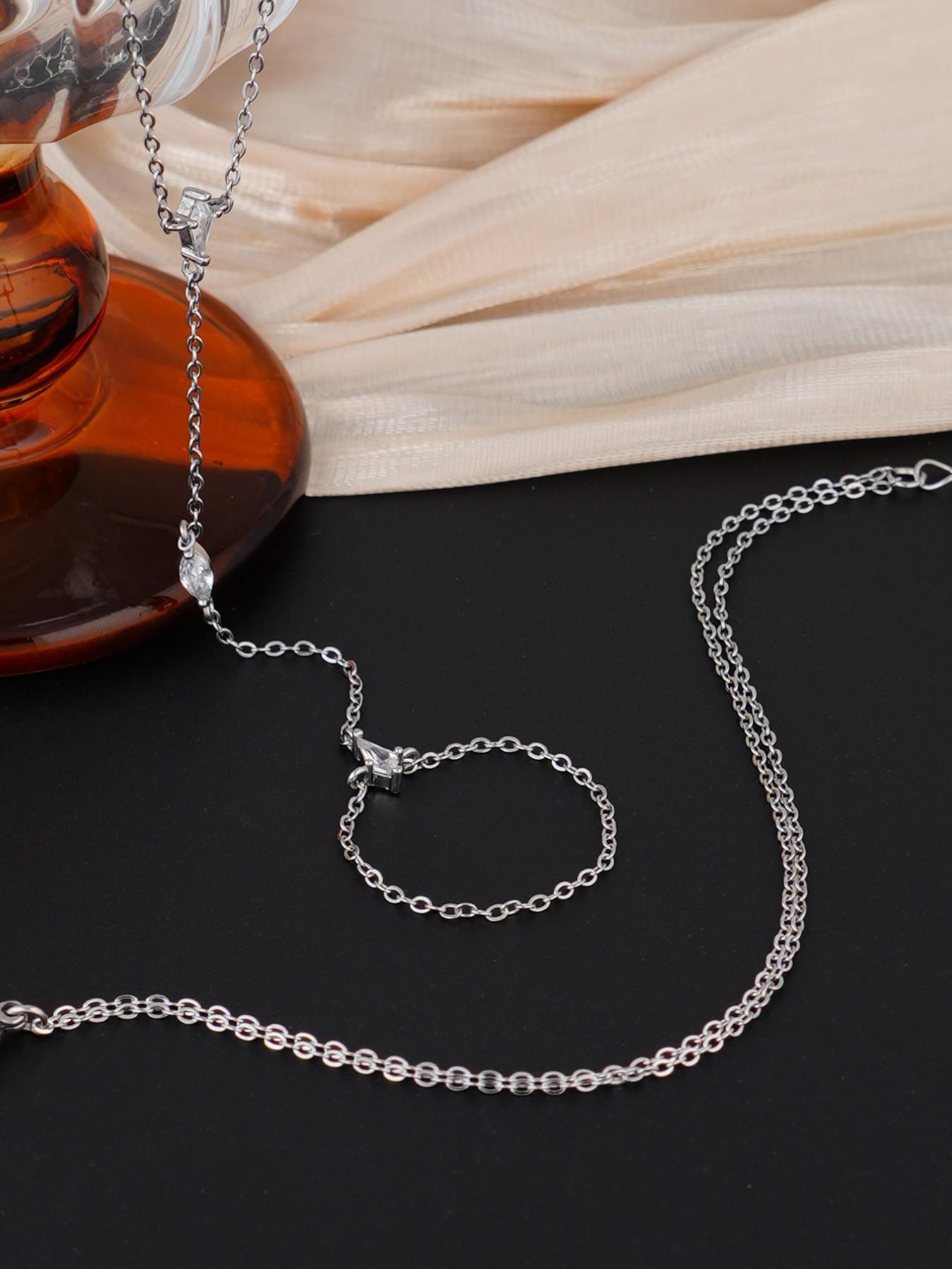 Women's Layered Zirconia Cubic Oxidized Finger Ring Bracelet Set, Perfect for Parties & Festivals, Sparkling Jewelry Accessories