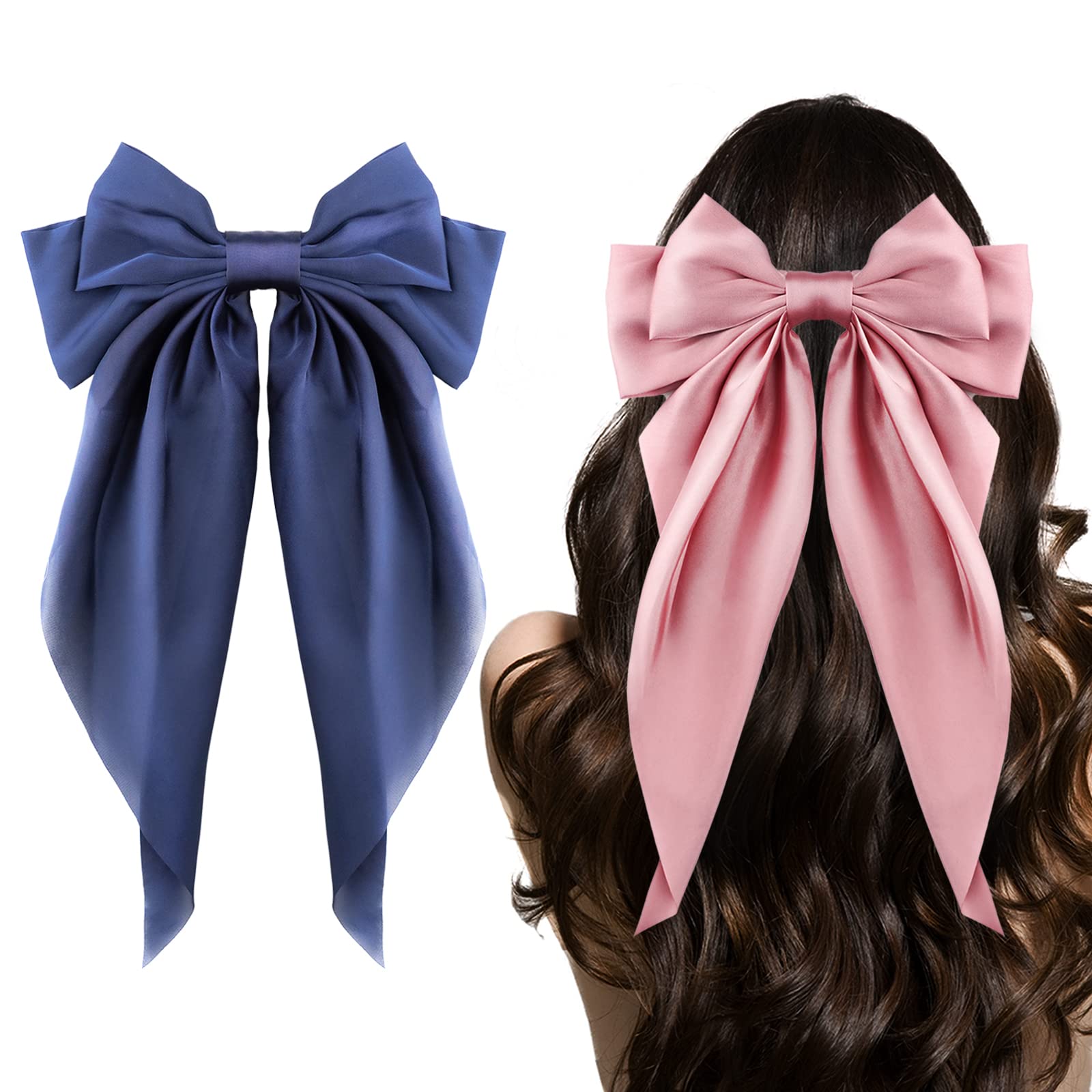 Big Bow Hair Accessories 2pcs - Long Tail French Satin Silky Barrettes for Women and Girls, Black, Burgundy, Red Bows for Birthday, Party, Show, hair clips Fashion