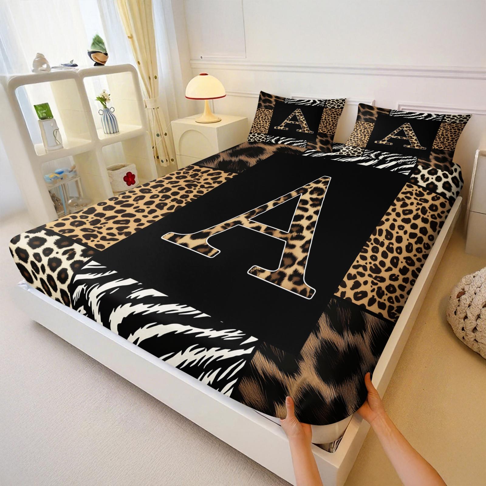 3Pcs Trendy Wild Leopard Zebra Patchwork Letter A-Z Fitted Sheet Set No Fillers, Animal Print Bed Sheet Set, Stylish Modern Bedding Set with Pillowcases, Deep Pocket Bedding for Women Girls Bedroom Decor