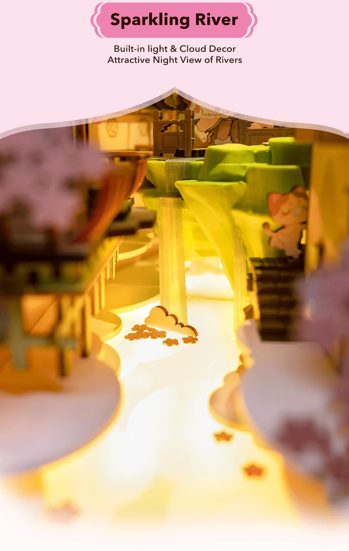 Robotime Rolife Book Nook Kits for Adults,3D Wooden Puzzle Bookshelf Decor Insert Alley DIY Miniature Booknook Model Craft Kits for Adults Gifts with LED on Birthday Christmas TGB05 Falling Sakura