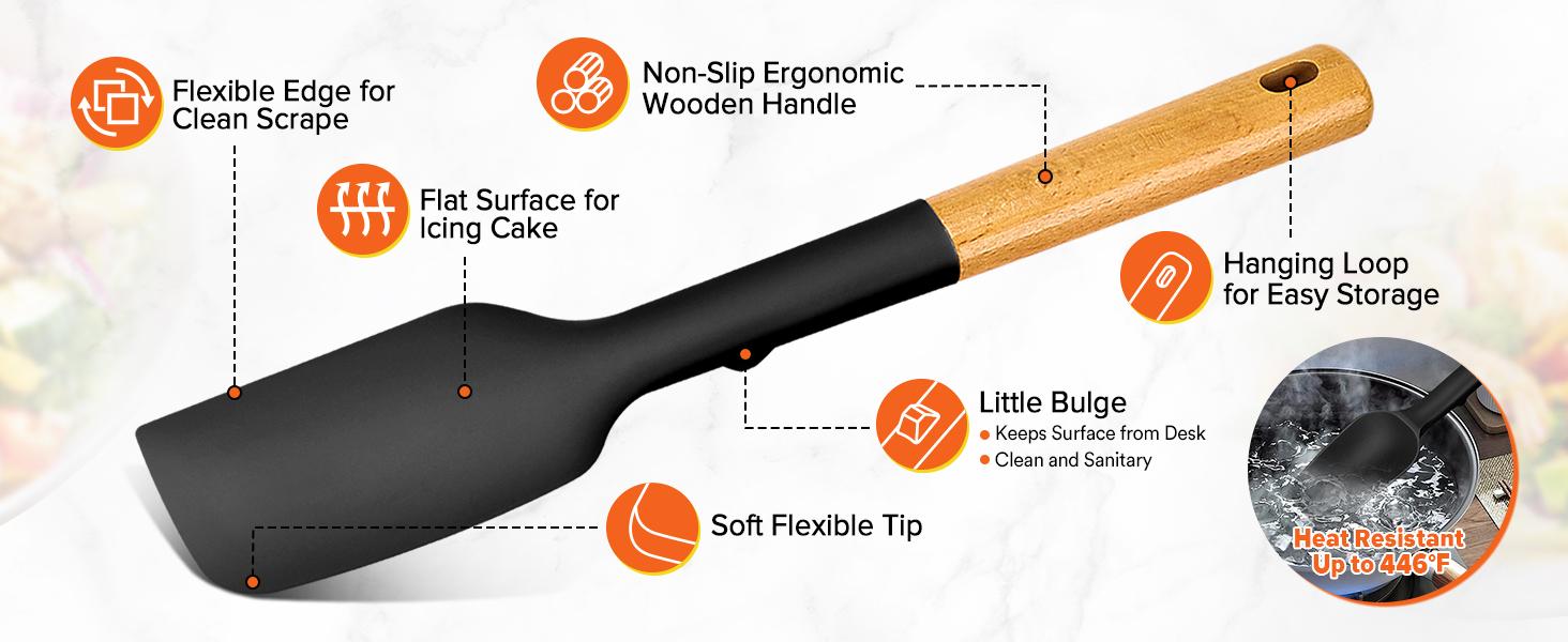 Silicone Spatula Spoon Set, Great for Mixing, Folding, Scraping, and Spreading, Sturdy BPA-Free Matte Silicone, Wooden Handle Rubber Spoonula for Nonstick Cookwares,4 Pack
