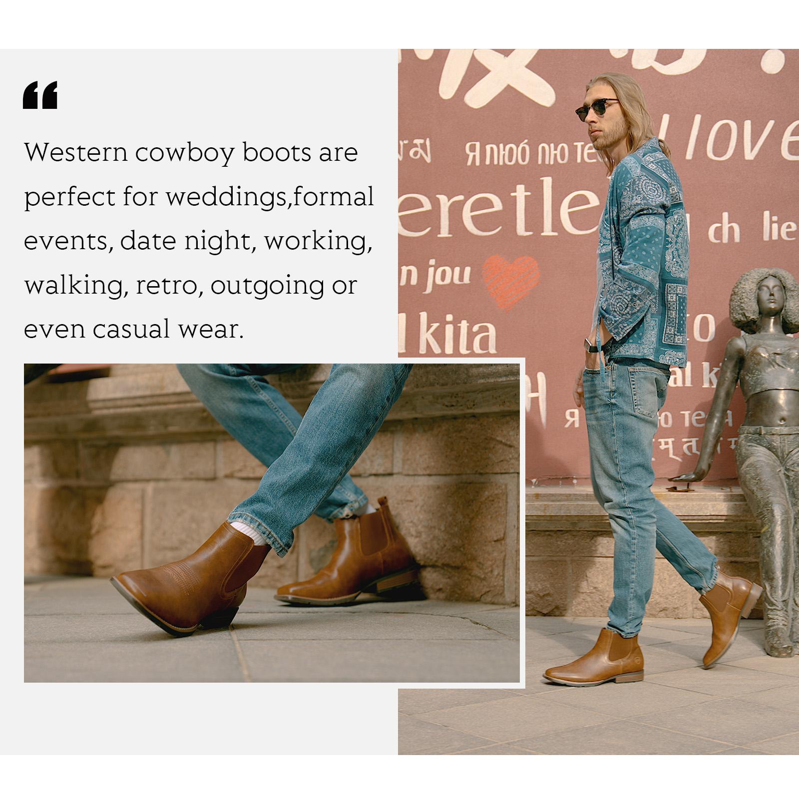 IUV Cowboy Boots For Men| Ankle Boots Western Boot Casual Dress Slip On Chelsea Men Leather Footwear Walking Shoes Black Closed Decor black boots