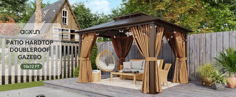 【2 Packages Shipping】Aoxun 10'x12' Hardtop Gazebo, Aluminum Frame Permanent Pavilion with Curtains and Netting, Outdoor Polycarbonate Gazebo, Double Roof Canopy, for Gardens, Patios, Lawns