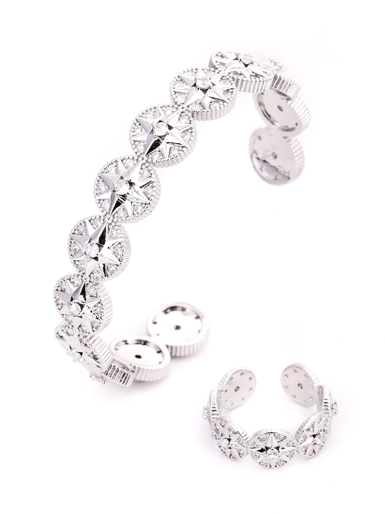 Bangle & Ring Set for Women, Luxury Starburst Cubic Zirconia Open Cuff Bracelet, Gold/Silver 2 Colors Optional, Elegant Jewelry for Office, Commute, Party & Prom